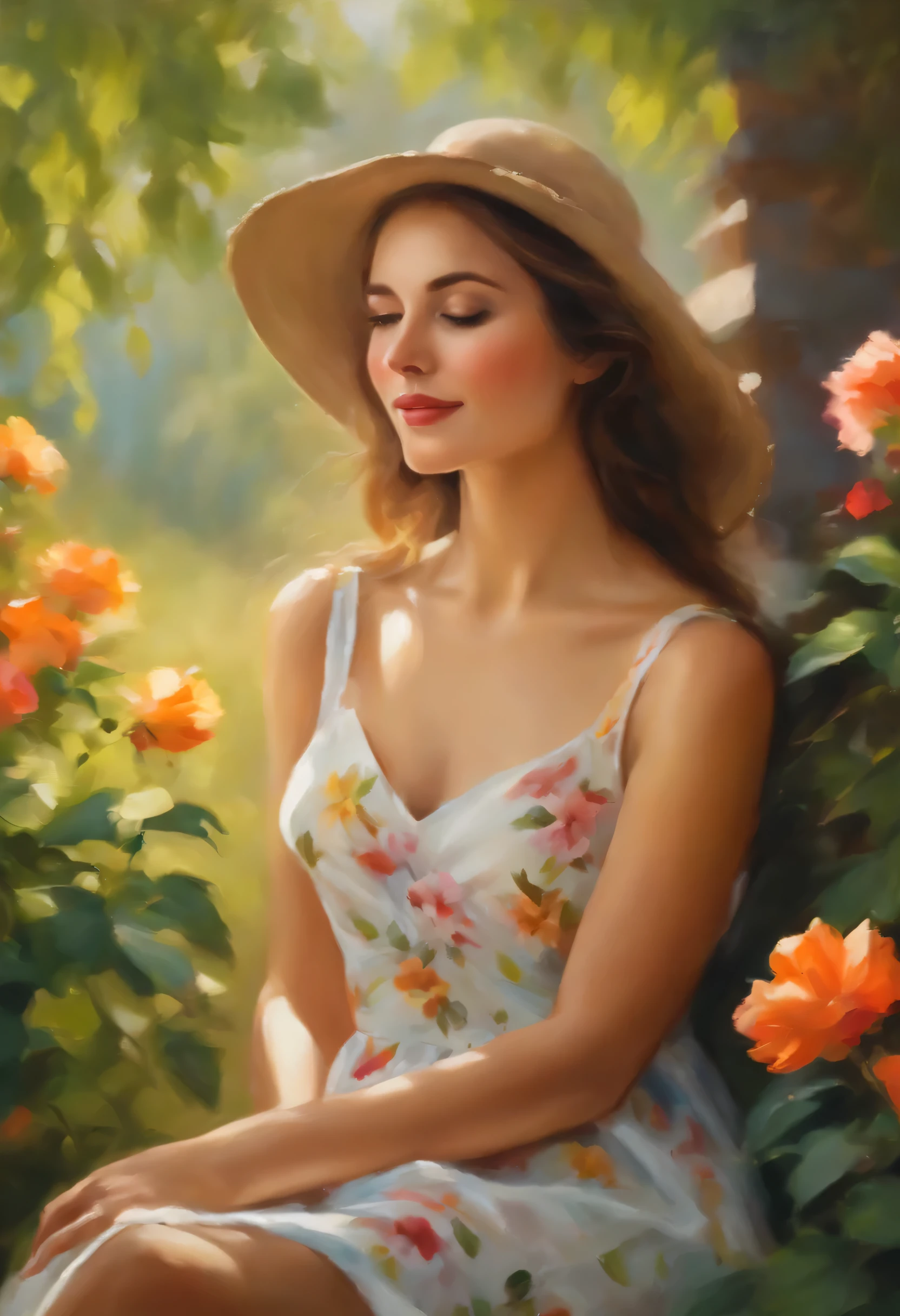 colorful, A vibrant acrylic painting of a girl in a garden and sunny countryside, flowers in full bloom々surrounded by. Girl wears a flowing summer dress、Is beautiful, beautiful eyes and lips. Gazing at the scenery with my long eyelashes fluttering in the wind. Artist captured the scene in the best quality, Create masterpieces with highly detailed brushstrokes, bright colors, and sharp focus. The pictures create a realistic atmosphere, To create a realistic depiction、All elements are meticulously rendered. green々The sunlight shines through the leaves., create software, warm light in the garden. This work、shows the artist'Skills in capturing the quiet beauty of the countryside.、evoke a sense of joy and tranquility。. Composition and lighting enhance the overall impact, Create visually stunning works of art.