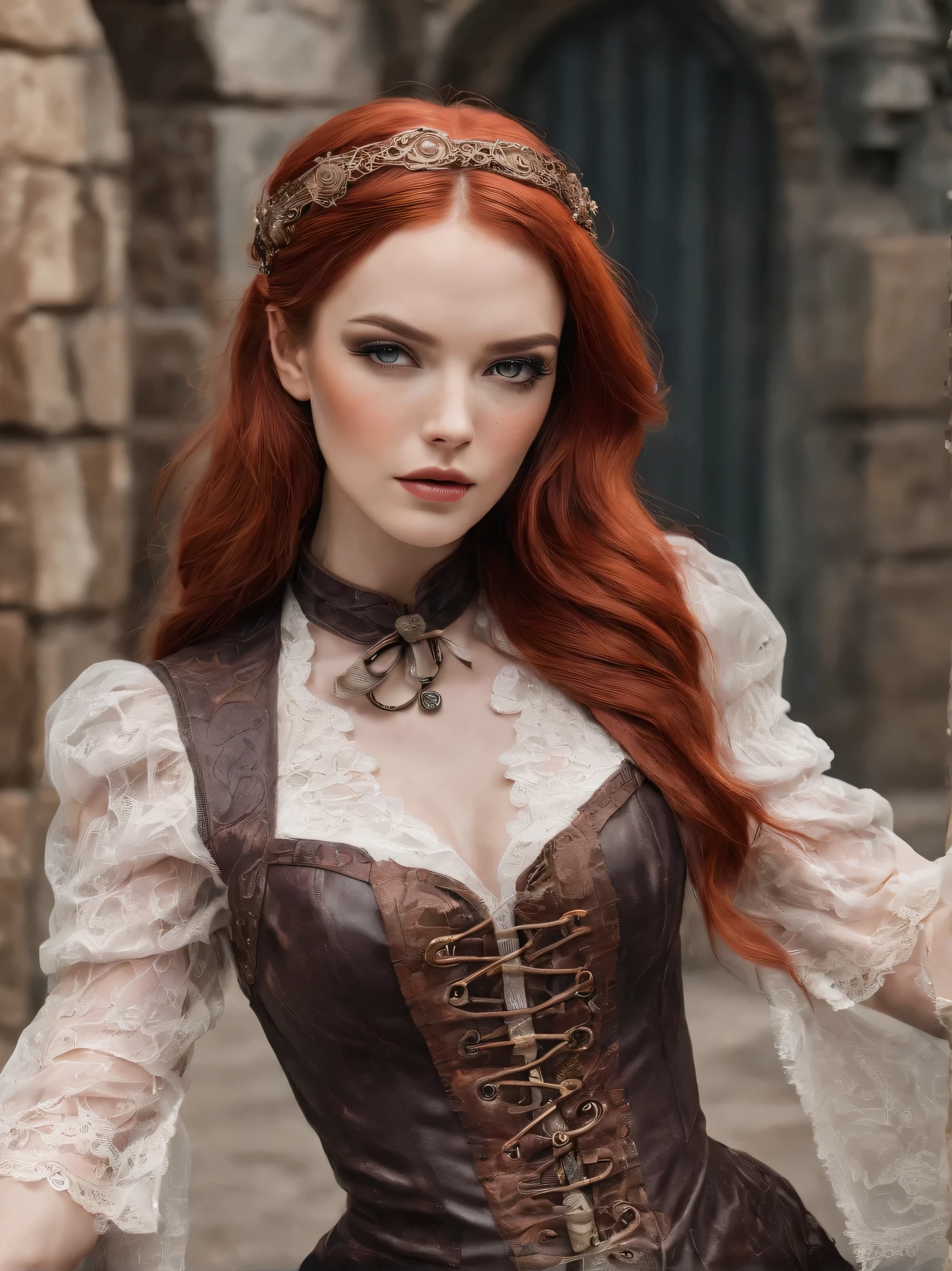 an steampunk girl at a party, (white crop top:1.2), small breast, black and blue leather, tattoo, hyper detailed, ultra sharp, long auburn hair in braids, 8k, (insanely detailed:1.5), full body photograph, 20 megapixel, canon eos r3, detailed skin, pale skin