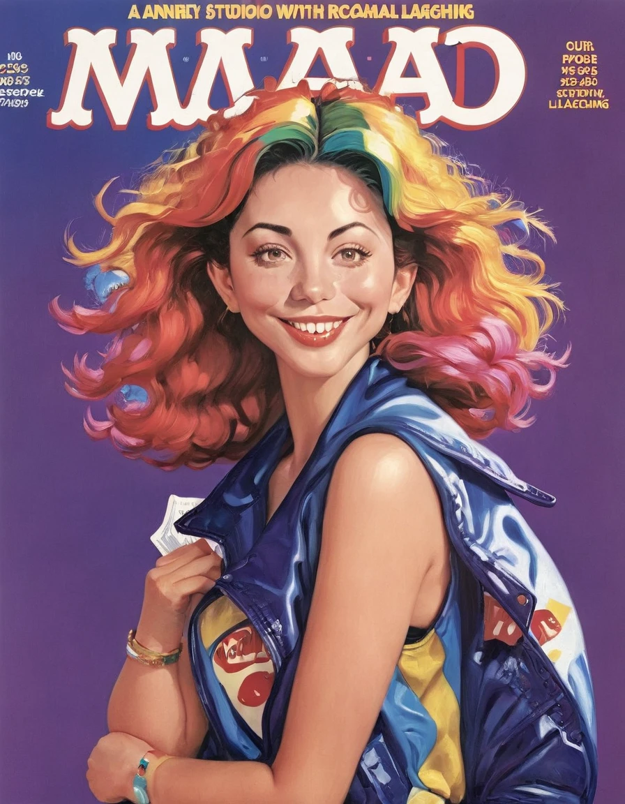 Magazine Cover, aesthetic, mad-magazine-cover, (a girl with) vibrant colorful hair, striking pose, stylish clothes, confident smile, dynamic background, (high fashion),(realistic),(studio lighting), (best quality,4k,highres), (portrait)