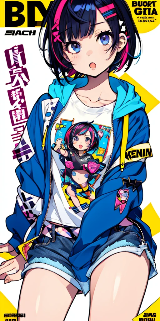 1girl, plump body, standing, punk girl, short hair, (bob cut hair, sitting), detailed background, (pop art, decora art style, doodle art), (hair accessories, ribbons), (jacket hoodie, shorts), accessories, body stickers, ((perfect legs, contrapposto)), cute, multicolored hair, streaked hair, mksks style, (tired eyes, open mouth), dynamic angle, (magazine cover, text), sharp_eyes