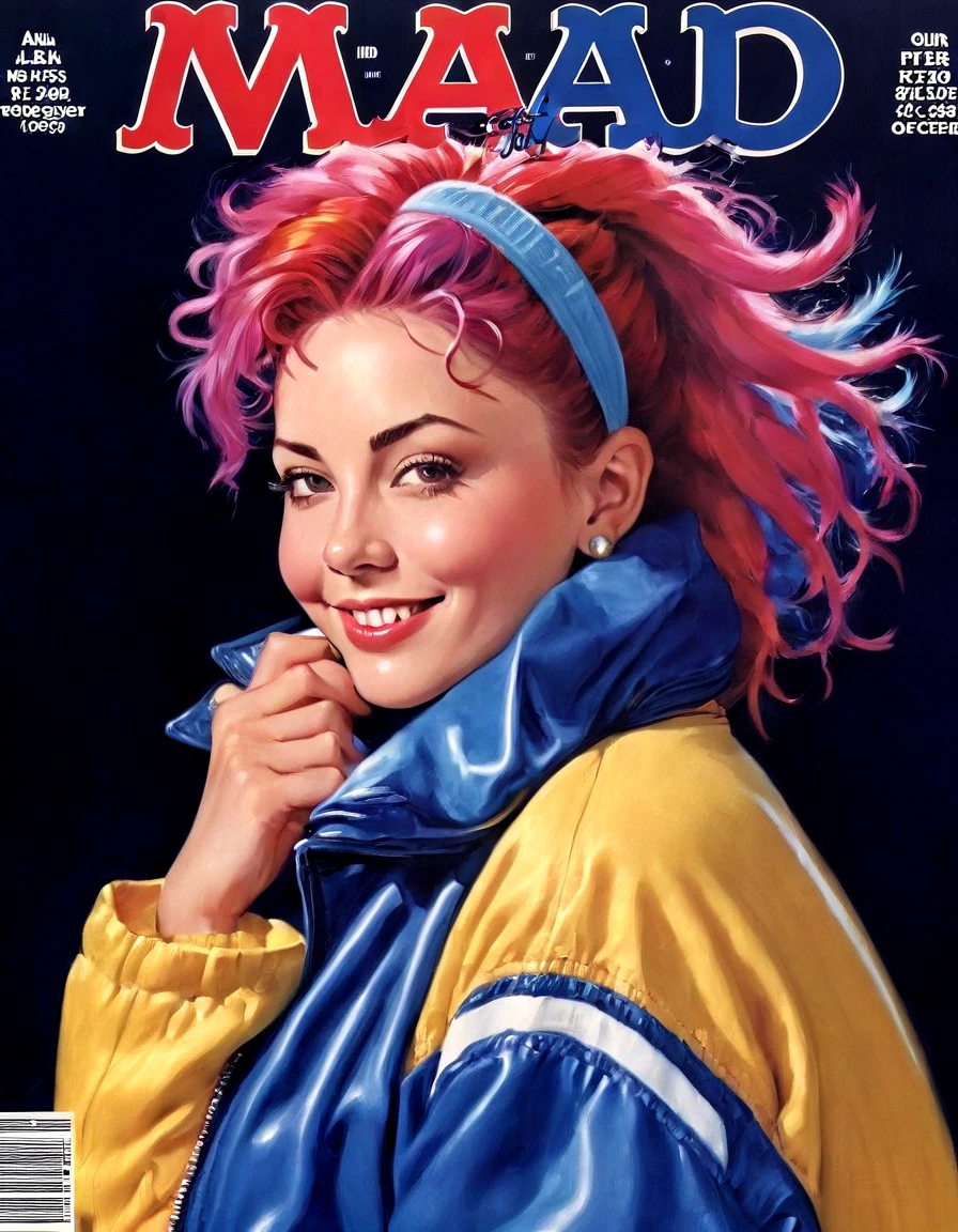 Magazine Cover, aesthetic, mad-magazine-cover, (a girl with) vibrant colorful hair, striking pose, stylish clothes, confident smile, dynamic background, (high fashion),(realistic),(studio lighting), (best quality,4k,highres), (portrait)
