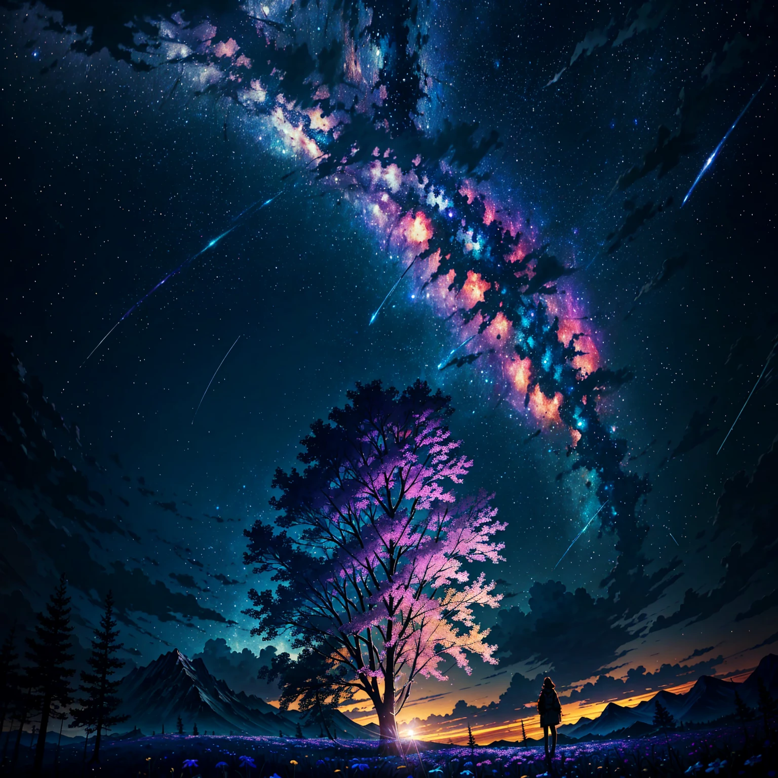 wide々landscape photography, (A view from below of the sky and the wilderness below), standing in a flower field and looking up, (full moon: 1.2), (shooting star: 0.9), (nebula: 1.3), distant mountain, tree break production art, (warm light source: 1.2), (fire Fly: 1.2), lamp, purple and orange, intricate details, Volume lighting BREAK (masterpiece: 1.2), (highest quality ), 4k, Super detailed, (moving composition: 1.4), Highly detailed and colorful details (iridescent: 1.2), (shining lighting, atmosphere lighting), dream-like, Magic, (alone: 1.2)