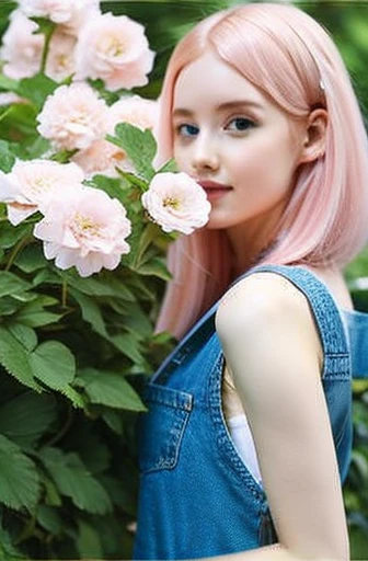 pink haired girl holding flowers