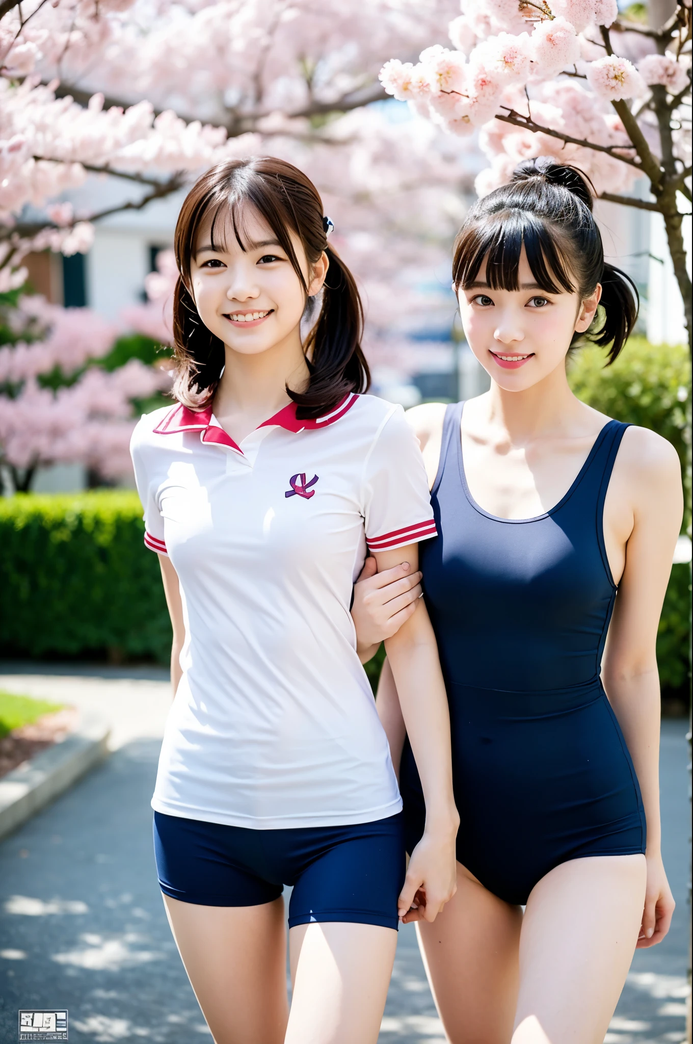 2 girls walking in school yard filled with cherry blossoms,white short-sleeved swimsuit,navy blue speedo briefs,school bag,18-year-old,bangs,a little smile,thighs,knees,low ponytails with barrette,from below,front light
