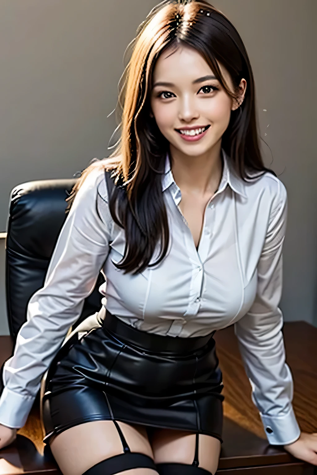 ((masterpiece)), ((highest quality)), ((Complex)), ((超realistic)), (realistic), (mature woman), sit cross-legged in front of the desk, office, very detailed, 1 girl, (big breasts), beautiful and detailed eyes,  star-shaped pupil, eyelash, double eyelid, (beautiful teeth), grin and laugh, brunette bob hair, brown eyes, (business style attire), (pencil skirt), (thighs), (stockings), (background: underground), detailed background, perfect eyes, enchanting eyes, looking at the viewer, from before