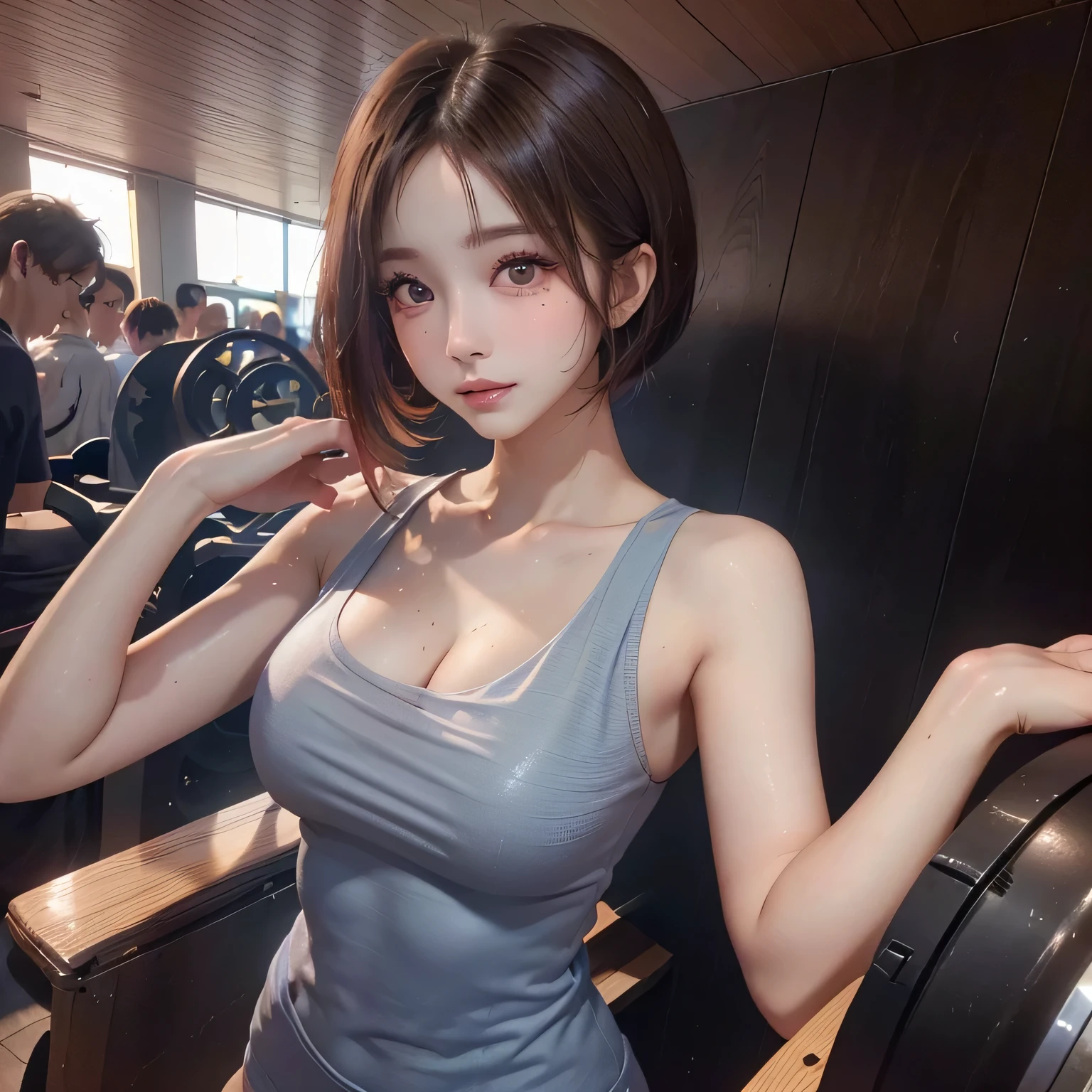 ((huge-breasted)), ((,)), ((Very small head)), Daylight, Sunlight, Bright light, (Perfect body : 1.1), (fullllbody), (short wavy textured choppy bob styled hair:1.2, dark brown hair, Pink and blue mesh hair, Thin mesh), Full body shot, ((Tight workout wear), (Sweat), (Very detailed CG 8k wallpaper), (extremely delicate and beautiful), (masutepiece), (Best Quality:1.0), (超A high resolution:1.0), (realisitic), beautiful lightning ,Perfect Lightning, Realistic Shadows, [hight resolution], Detailed skin, Ultra-detailed, Slim body), (Beautiful hair, Wavy Hair, Real Hair, detailed hairs, High Ponytail), Fine Collarbone, Beautiful breasts, blush, Photorealistic, Realistic face, Beautiful face, Cute face, Realistic eyes, Small eyes, Cute smile, (((Colorful))), (eye liner), (mascara), (eye shadow), (At the gym), Looking back, bighip, (-faced),