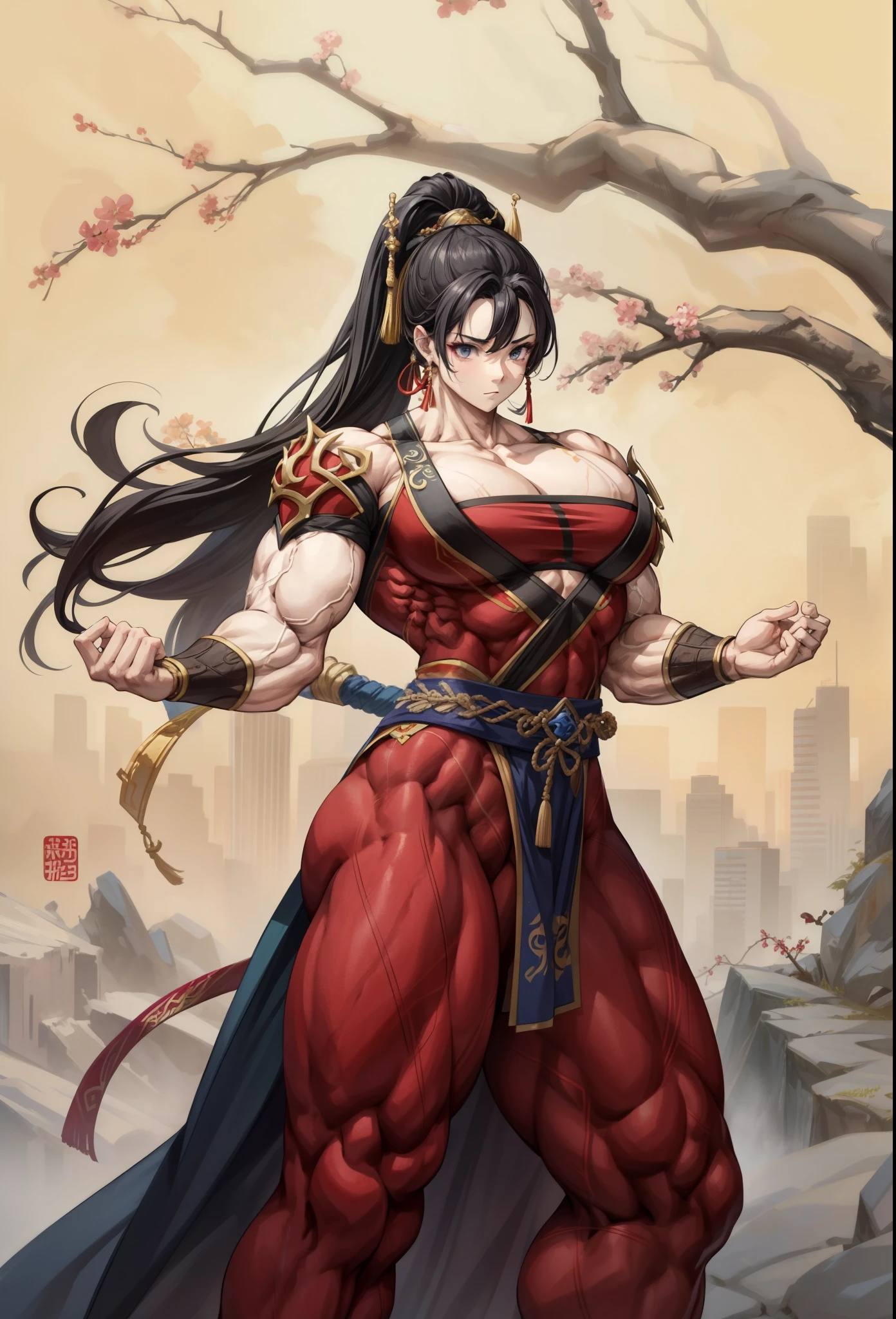  , best quality,1 girl, female,,beautiful,muscular ,hanfu,muscular shoulder,,,muscular female, alternate muscle size,ink