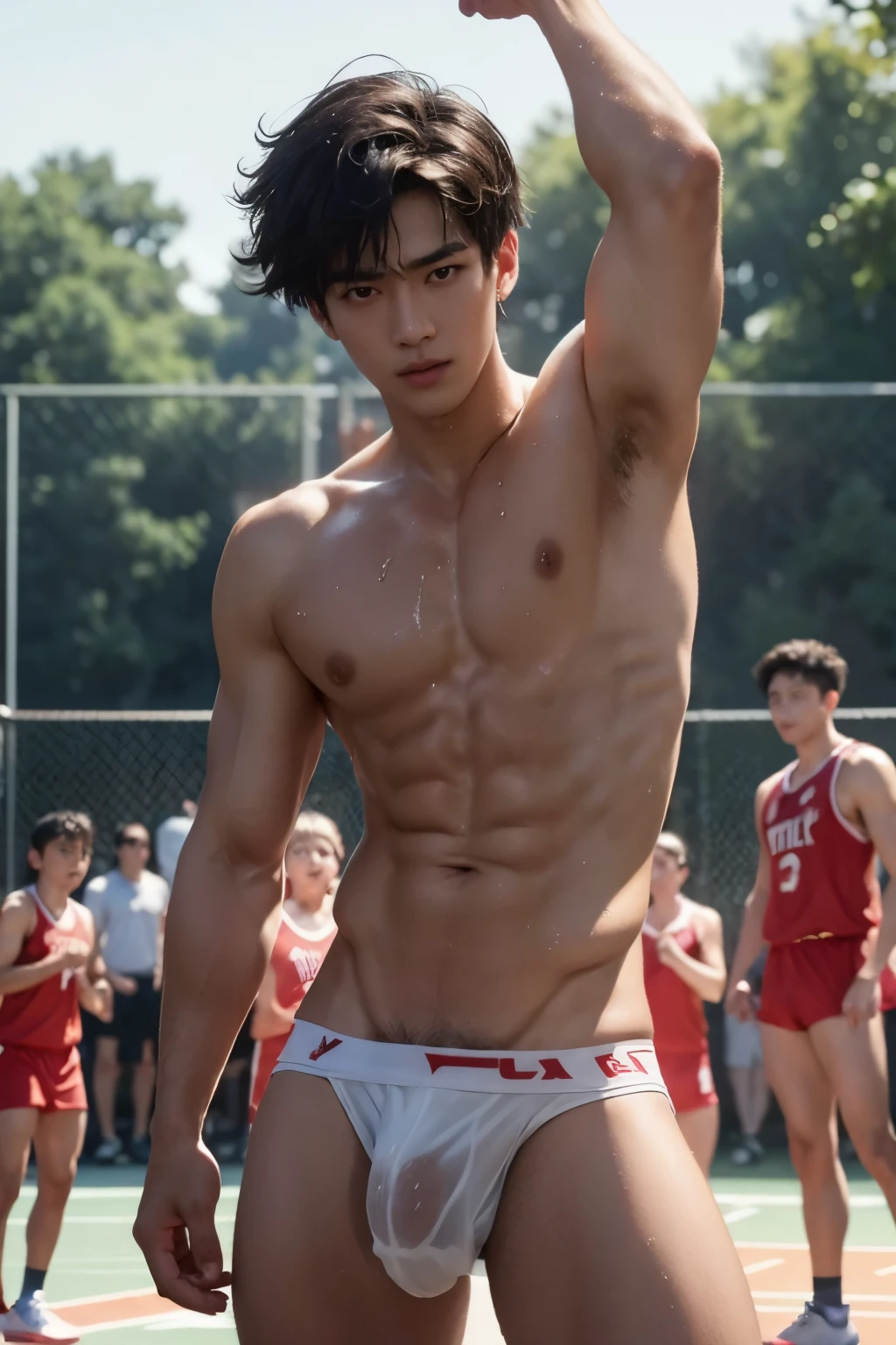 Closed up, Very wet body, very wet, basketball court court, wearing socks, naked just wearing red soaked thong, showing off his very hairy armpits, Slim fit body, ager body, Shota, very cute boy face, 15 y, baby face, young kids, Very young teenager boy, Amg basketball court scenery, in the middle of Crowded basketball court court, he only wear Tiny see through red thong, crowded people, very hot sunny day, summer, dirty and wet court, he wore a very small transparent see through thong covering half of his big hard dick, dickprint, Sweat dripping all over the body, sweat covering all over the body, Full body photo, wearing Very tiny thong, Proudly showing off his sweaty very hairy armpits to audience in music concert area, completely naked just wearing thin Tiny white thong, very young boy, Cinematic soft lighting illuminates a stunningly detailed and ultra-realistic handsome korean male supermodel, ultra messy curly hair, clear honey eyes, captivating perfect smile, sensual, hot man, insanely handsome, showing off his sweaty body, very sixpack muscular body build, slender, toned, full body, 8k, photography, masterpiece, detailed face, detailed eyes, sexy, beautiful abdomen and beautiful legs and a detailed big hard bulge, expression of ecstasy, excited, slim, detailed eyes and lips, sixpack and fit body. Image quality is of the highest standard, with ultra-detailed features and a realistic appearance. The colors are bright and vibrant, enhancing the overall aesthetic. The lighting is soft and natural, casting a soft glow on the boy, don't merge body's