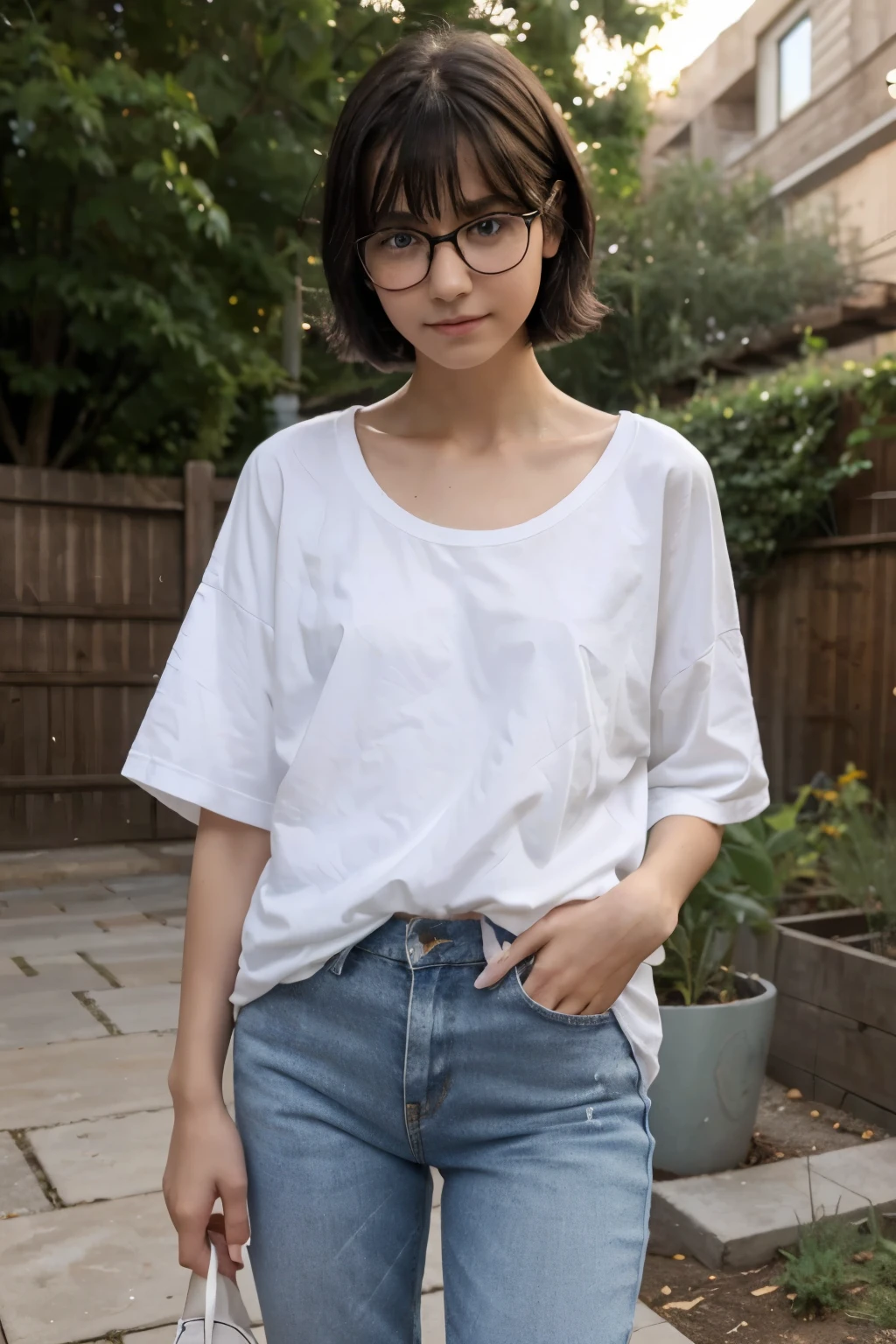 (11 year old girl) (slender body) (thin body), (black hair, short hair) (blue eyes) (white skin) glasses, thin hips, thin thighs, collarbone, ribs, happy expression. full body, western face, thin nose, shy boy. (casual clothes) white t-shirt, jeans, sneakers, straight hair. long shirt, coat. short, short stature. ((Location: backyard))