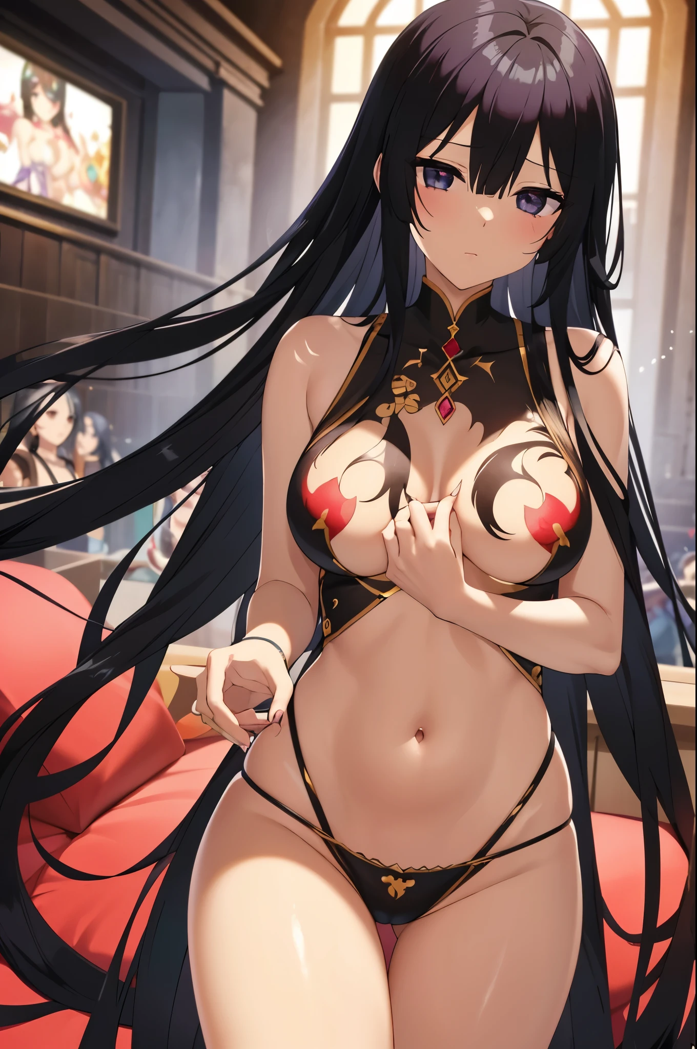 black hair,black eyes,1 woman , Underwear, Complex body paint with flower motifs all over the body. Extra Long hair, chocolate skin. a unicorn healer with the power of healing. tourmaline ring. nice body, Neat atmosphere, clean atmosphere. serious atmosphere. beautiful skin. oily skin. extremely delicate and beautiful. ultra detailed. clear eyes, detailed eyes.