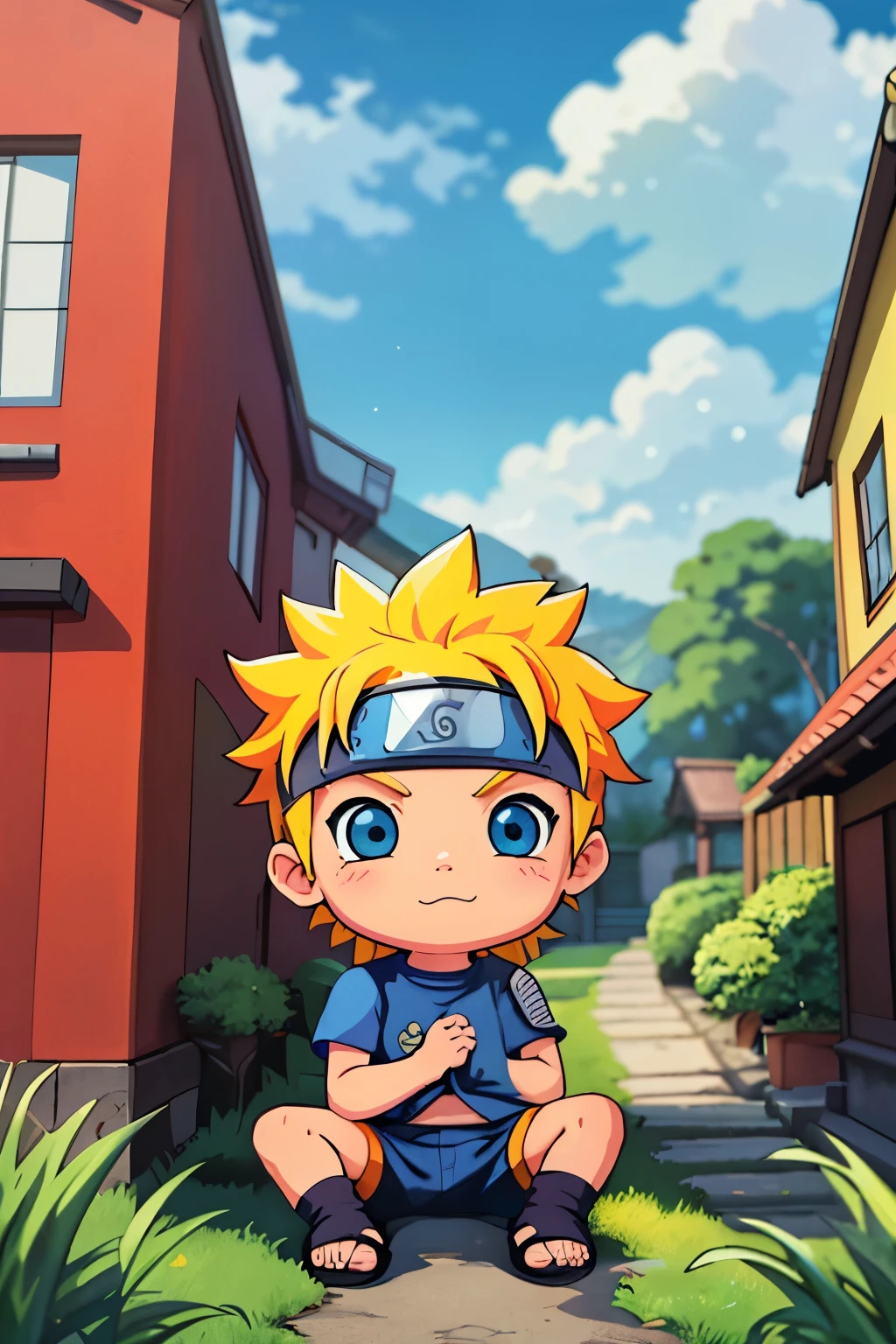 masterpiece, Best Quality, Hi-Res, RO1, Cute Naruto, Anime style, Bright and vibrant colors, Adorable Chibi face, Spiky blonde hair, Sharp and expressive blue eyes, Belly exposed with yellow shirt, Short sleeves with raglan design, Casual pose, Hidden Leaf Village background, Playful smile, Calm and pleasant sunny sky.