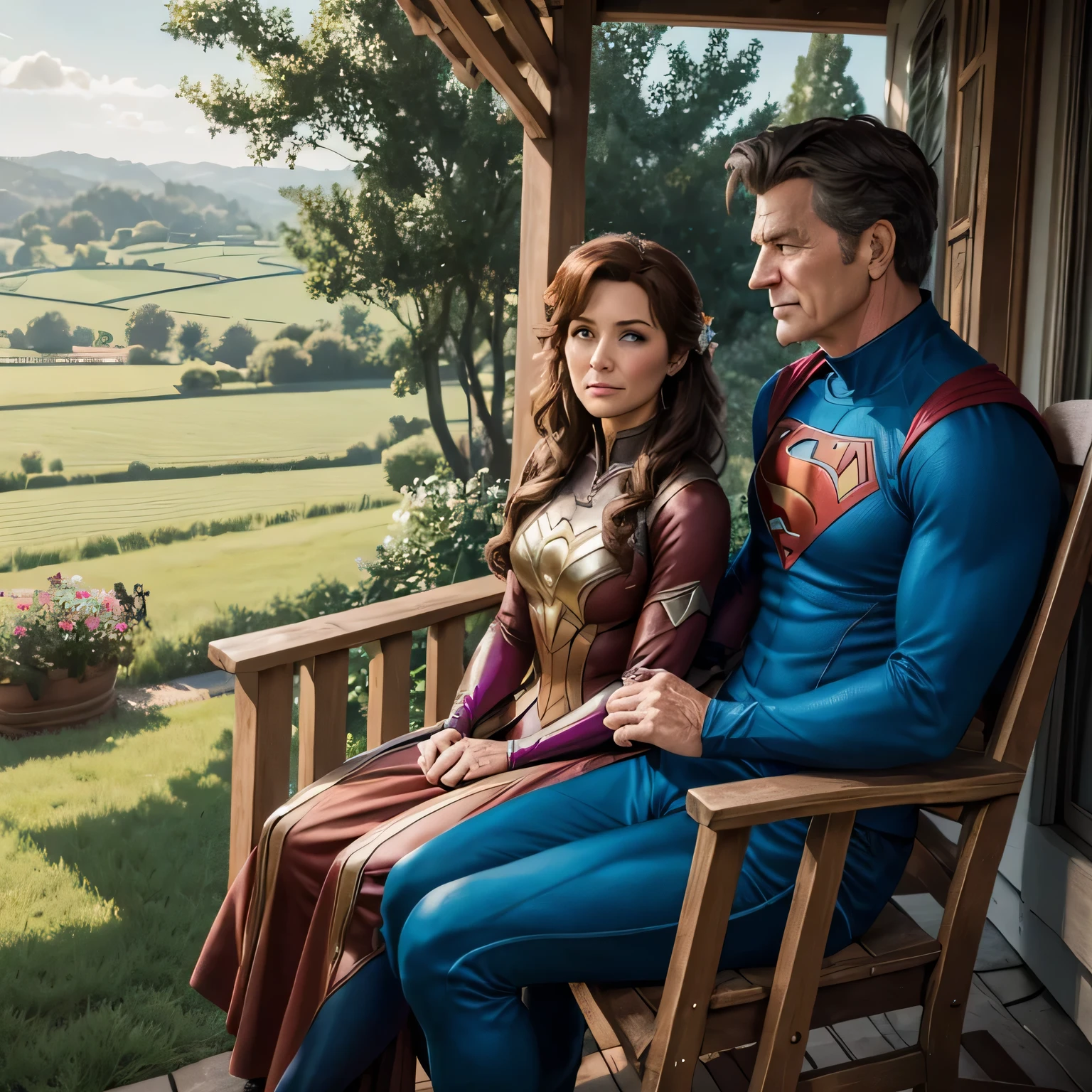 A retired old male superhero and a retired old disney princess sitting on a porch looking out over the fields whilst enjoying their retirement, foto taken from their back side. They are looking into the nothingness of the the fields
