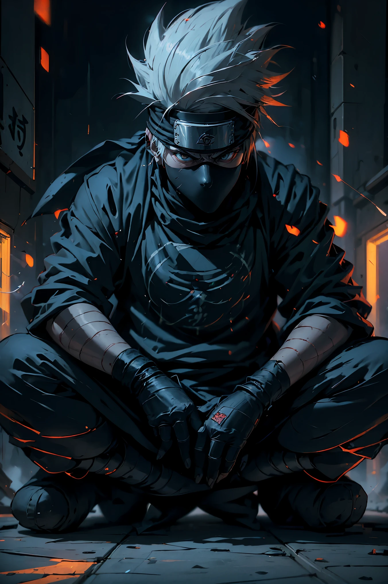 (best quality,4k,highres),Kakashi sitting on the ground with a street style, leaning against a wall, red Jordans, red ninja gloves, white hair, ninja headband, mask covering his mouth, graffiti background, vibrant colors, urban art style, edgy lighting,((ninja fantasmal))