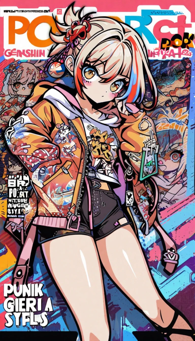 1girl, cute face, (Yoimiya Genshin Impact), standing, punk girl, detailed background, (pop art, decora art style, doodle art), (hair accessories, ribbons), (jacket hoodie, shorts), accessories, body stickers, ((perfect legs, contrapposto)), cute, multicolored hair, streaked hair, mksks style, (tired eyes, open mouth), dynamic angle, (magazine cover, text), sharp_eyes