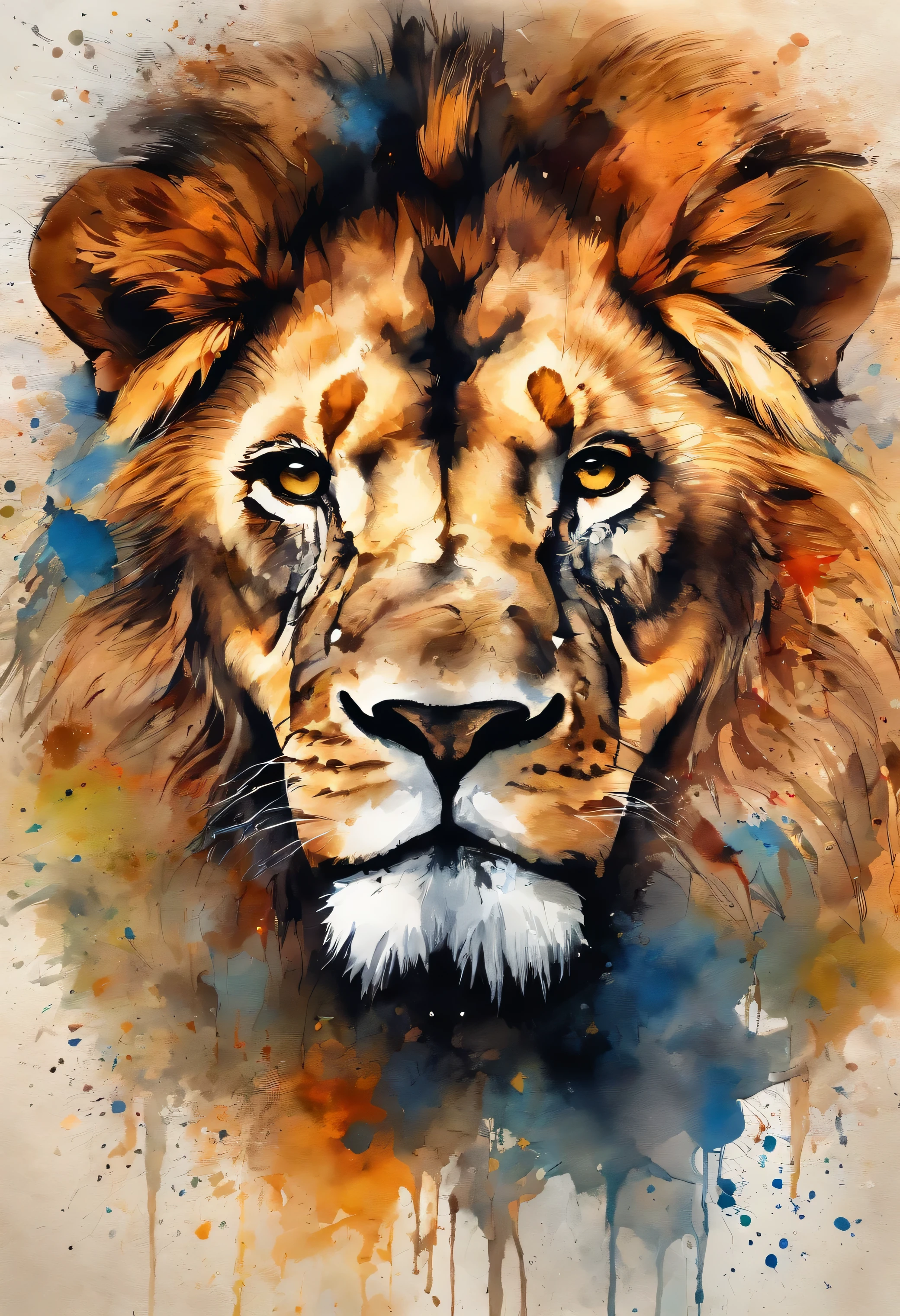 lions head painting with a splatter background and spray paint effect, beige colors, by Eugeniusz Zak, watercolor art, by Károly Lotz, watercolor painting, watercolor painting style, watercolor detailed art, by Reuben Tam, watercolor digital painting, watercolor paint, masterfully detailed watercolor, watercolor art, Grzegorz Rutkowski
