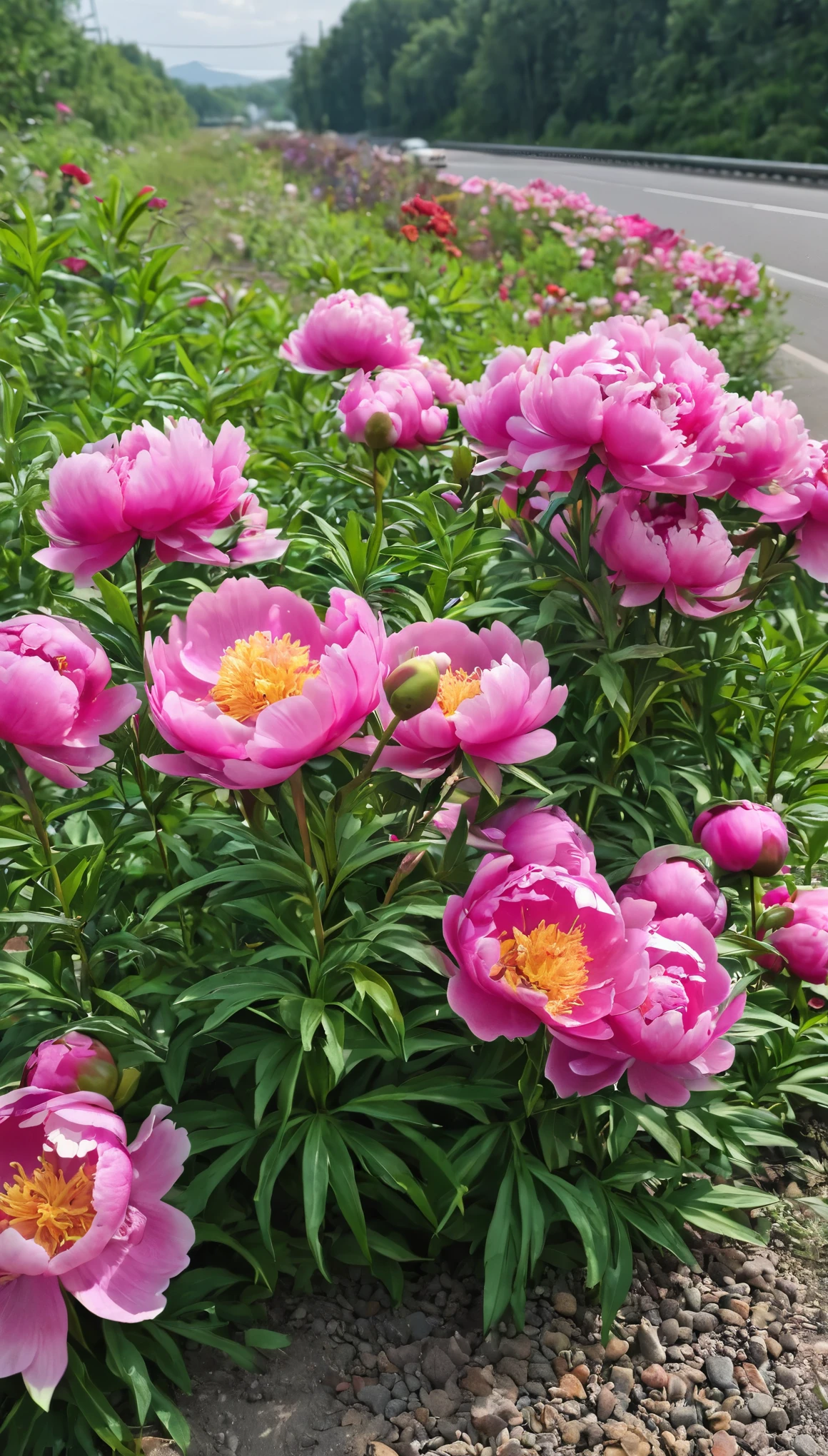 summer,Peony,messy,real photos,flower bed,Next to the highway