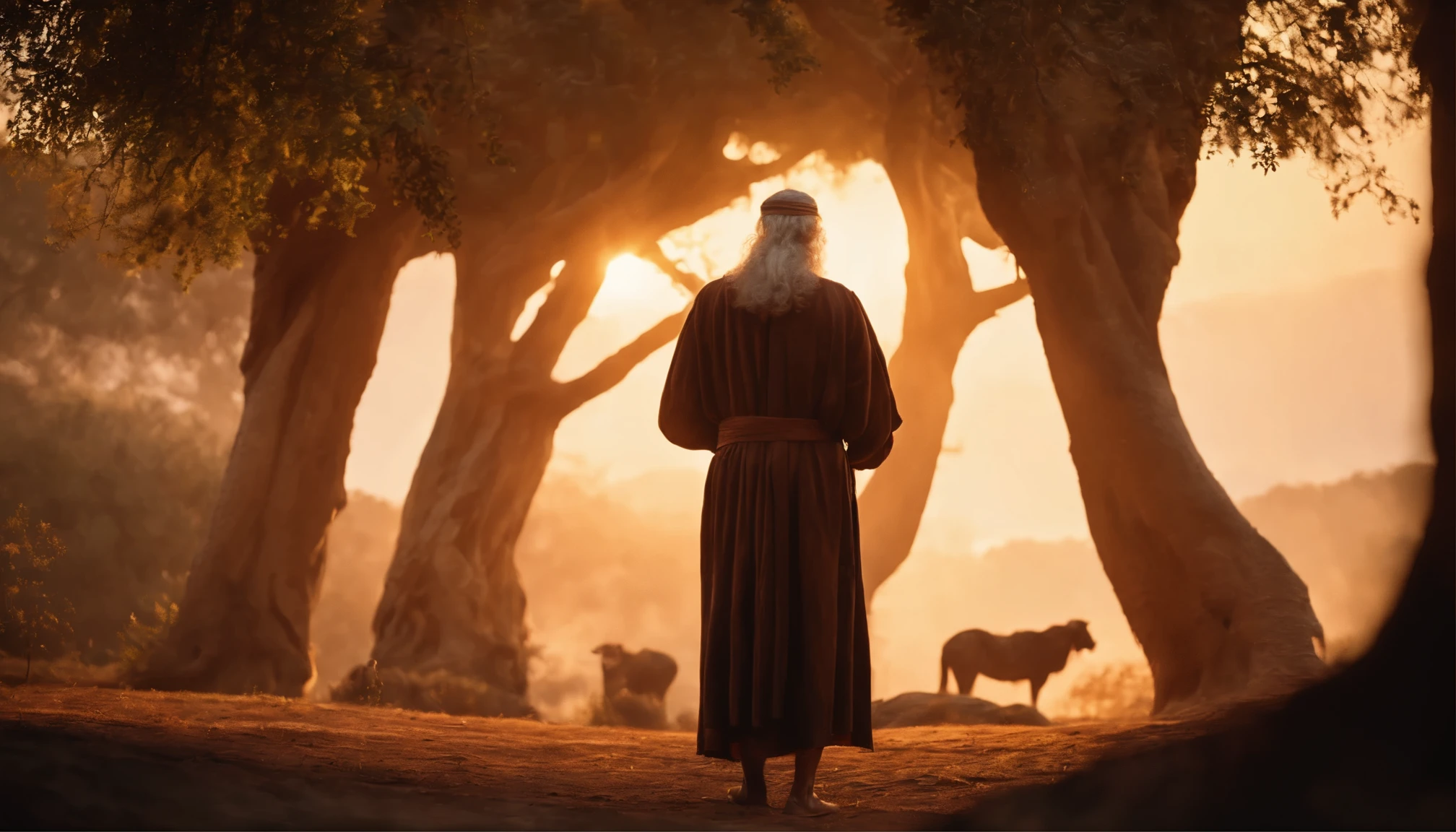 (best quality,highres:1.2),unbelievably detailed,old man in biblical attire,extremely detailed facial features (eyes,nose,lips),kneeling,solemn expression,surrounded by majestic ancient trees,breathtaking scene,captivating atmosphere,subtle lighting,cinematic composition,grandiose,transcendent,magnificent fire pit,embers dancing in the air,mesmerizing glow,impressive attention to texture,inspiring landscape,divine ambiance,meticulous folds in his garments,profound sense of spirituality,holy,serene,mystical,profound connection with nature,powerful storytelling,vivid colors,film-like quality.