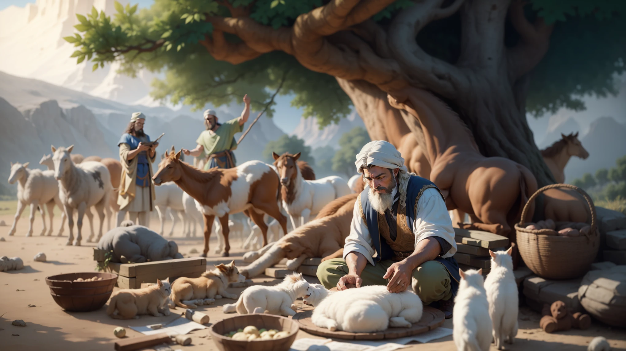 arafed image of a man sitting under a tree with a bunch of animals, biblical painting, biblical art style, bible illustration, by Alexander Kucharsky, biblical art, epic biblical depiction, by László Balogh, by joseph binder, by Abraham Begeyn, by Saul Yaffie, beautiful depiction