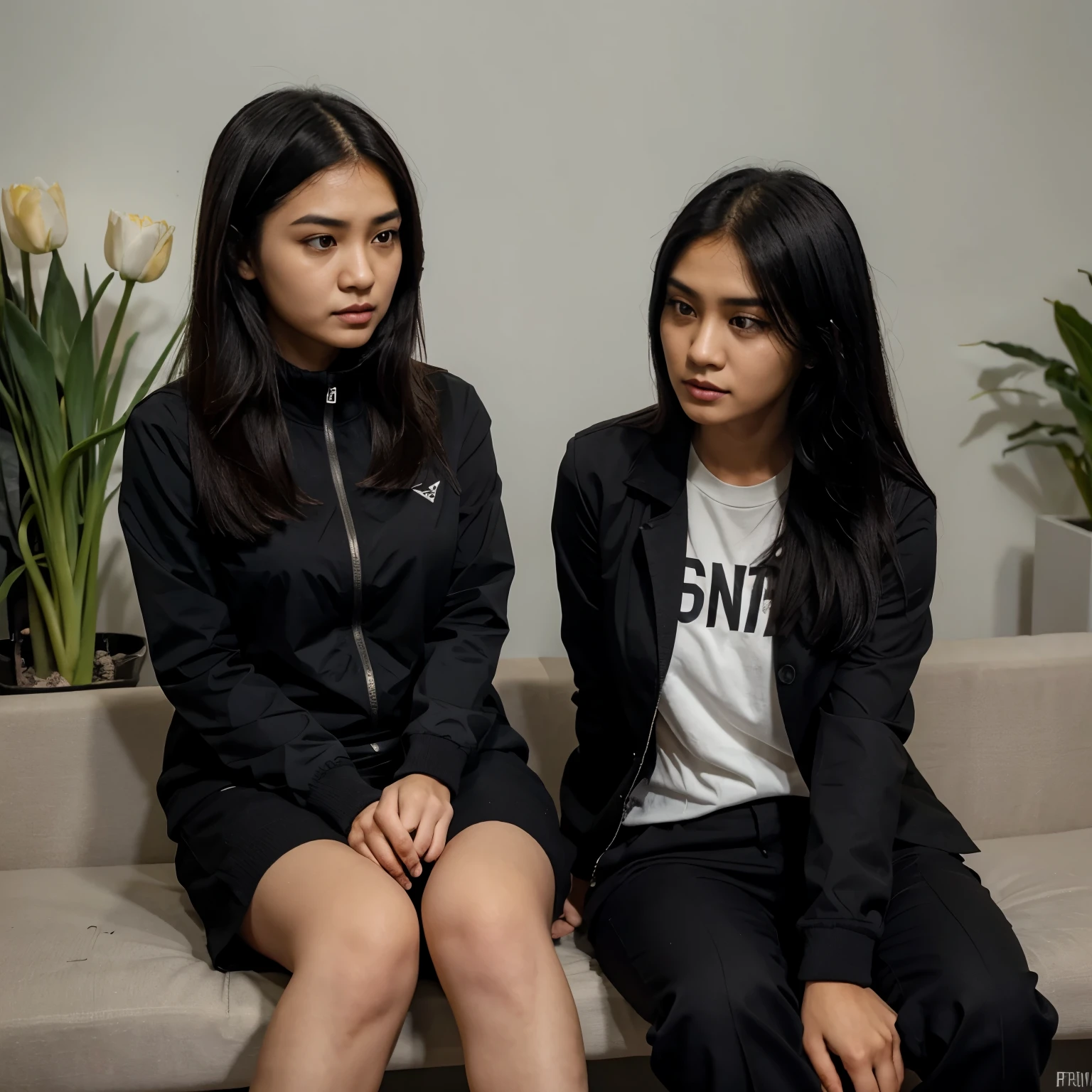 Laki laki dan perempuan sedang duduk berumur 24 tahun dengan laki laki memakai jaket tulisan Purworejo gaya rambut dua blok ekspresi bahagia dan perempuan memakai jaket tulisan Purworejo dan memakai kerudung ekspresi bahagia