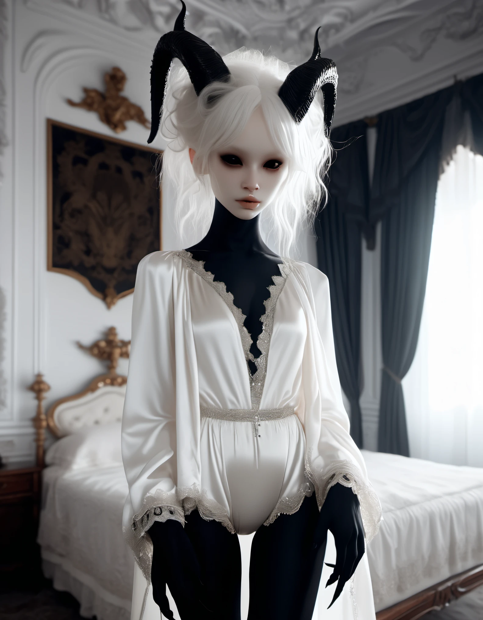 pale skin demon girl, wearing white blouse and black high cut panties, in  bedroom with evil seductive vibe , ( black gradient arms and legs:1) , white hair , well lit a realistic baroque bedroom, white canopy over bed, white drapes, damask patterns, intricate details,    in the style of Vittorio Matteo Corcos, intricate detail