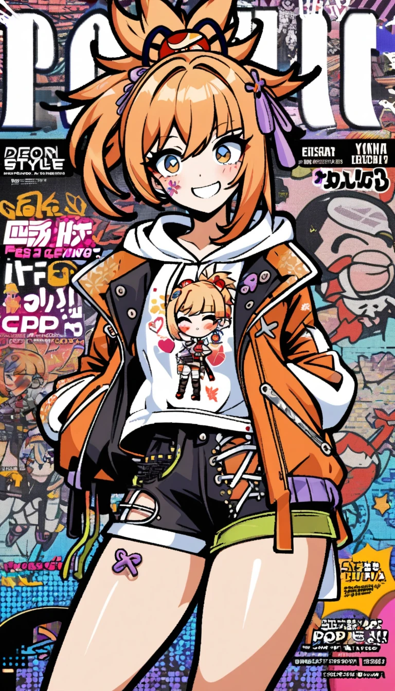 1girl, (Yoimiya Genshin Impact), orange hair, kansai, standing, punk girl, detailed background, (pop art, decora art style, doodle art), (hair accessories, ribbons), (jacket hoodie, shorts), accessories, body stickers, ((perfect legs, contrapposto)), cute, ponytail, mksks style, (tired eyes, smiling, happy, open mouth), dynamic angle, (magazine cover, text), sharp_eyes
