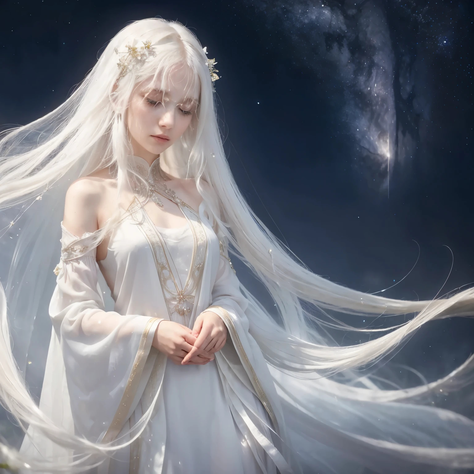 Girl with Long White Hair, Gazing into the Eyes of the Cosmos
Amidst the enchanting expanse of the universe, a mystical figure emerges. The girl, endowed with long, ethereal white hair cascading down her shoulders, stands rooted, her eyes transfixed on the cosmos before her. The scene is bathed in an ethereal gray hue, a testament to the serene and contemplative atmosphere.
The intricately woven strands of her hair glisten under the subdued light, their individual threads shimmering like strands of moonbeams. Her skin is as pale as the moon itself, the subtle texture and po
