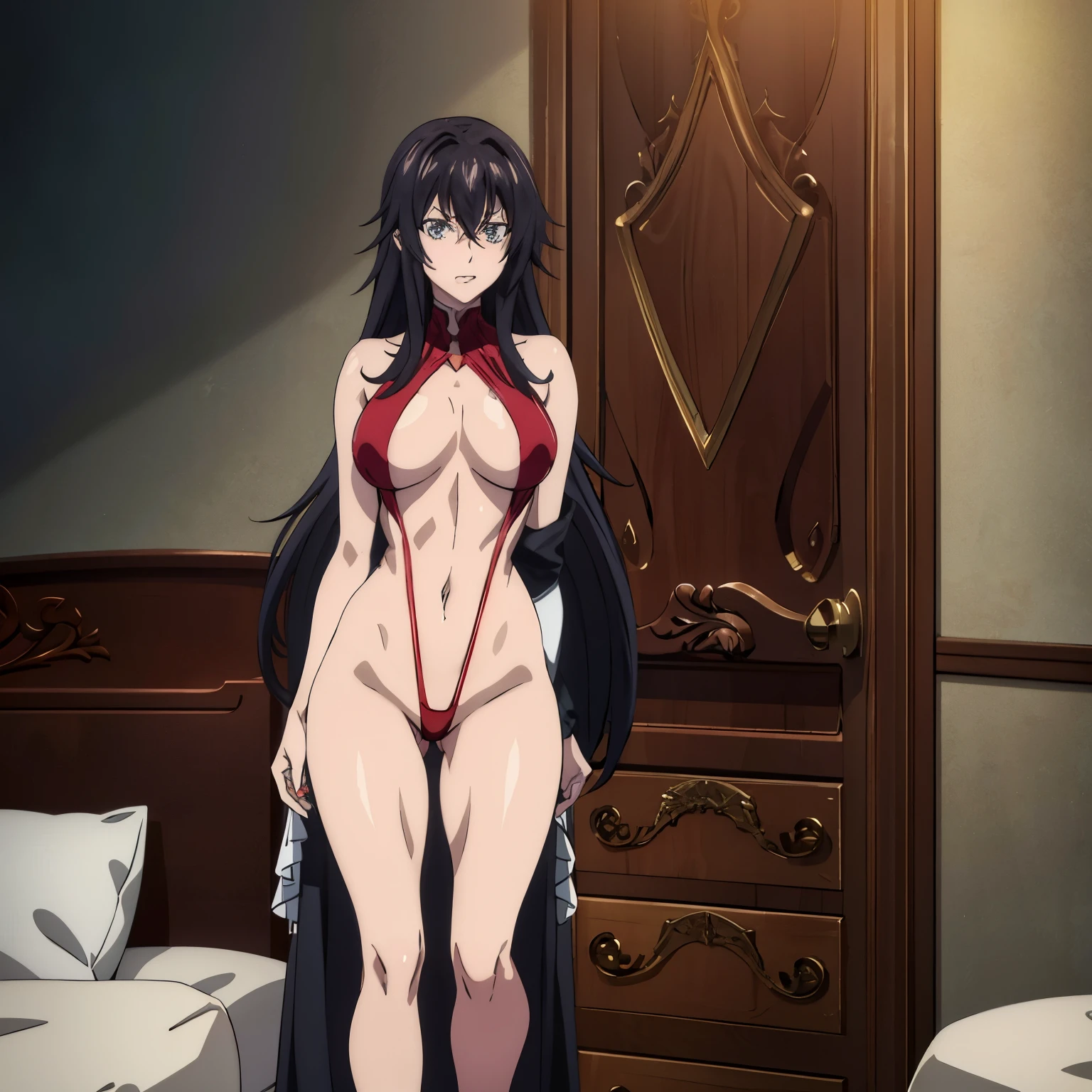 Rias Gremory, with a dildo in her anus, (scandalous: 1.5), (most explicit: 1.0), (detailed: 1.5), (high resolution: 1.3), (Realistic: 1.2), (Sensual: 1.5),

Rias Gremory, wearing nothing but a sexy lingerie set, revealed an uncensored moment as she held a dildo in her hand and positioned it towards her backside, her expression showing a mix of excitement and shame, her long, jet-black hair cascading down her shoulders in loose curls, her devilish smirk playing on her