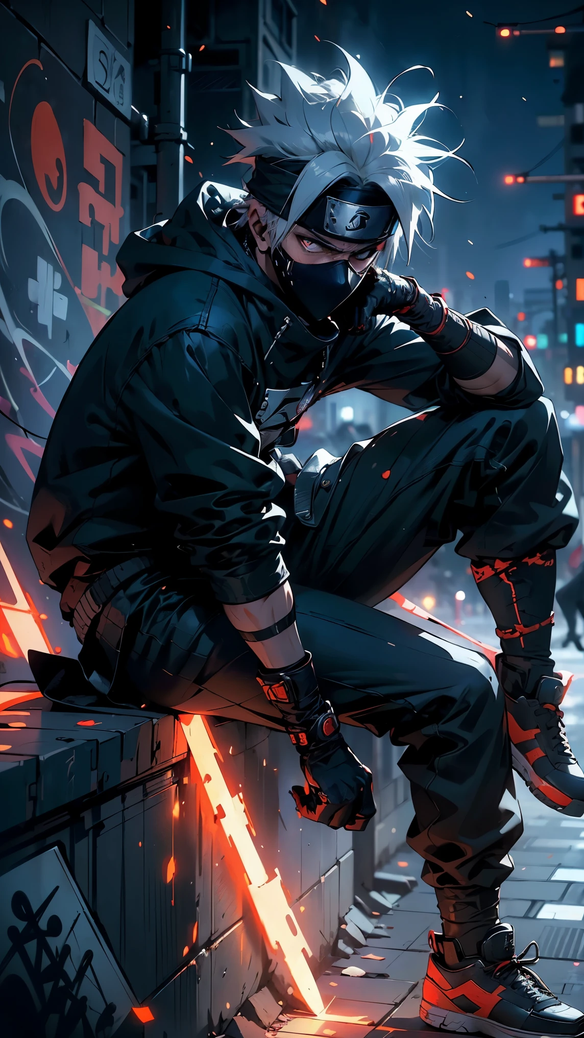 (best quality,4k,highres),Kakashi sitting on the ground with a street style, leaning against a wall, red Jordans, red ninja gloves, white hair, ninja headband, mask covering his mouth, graffiti background, vibrant colors, urban art style, edgy lighting