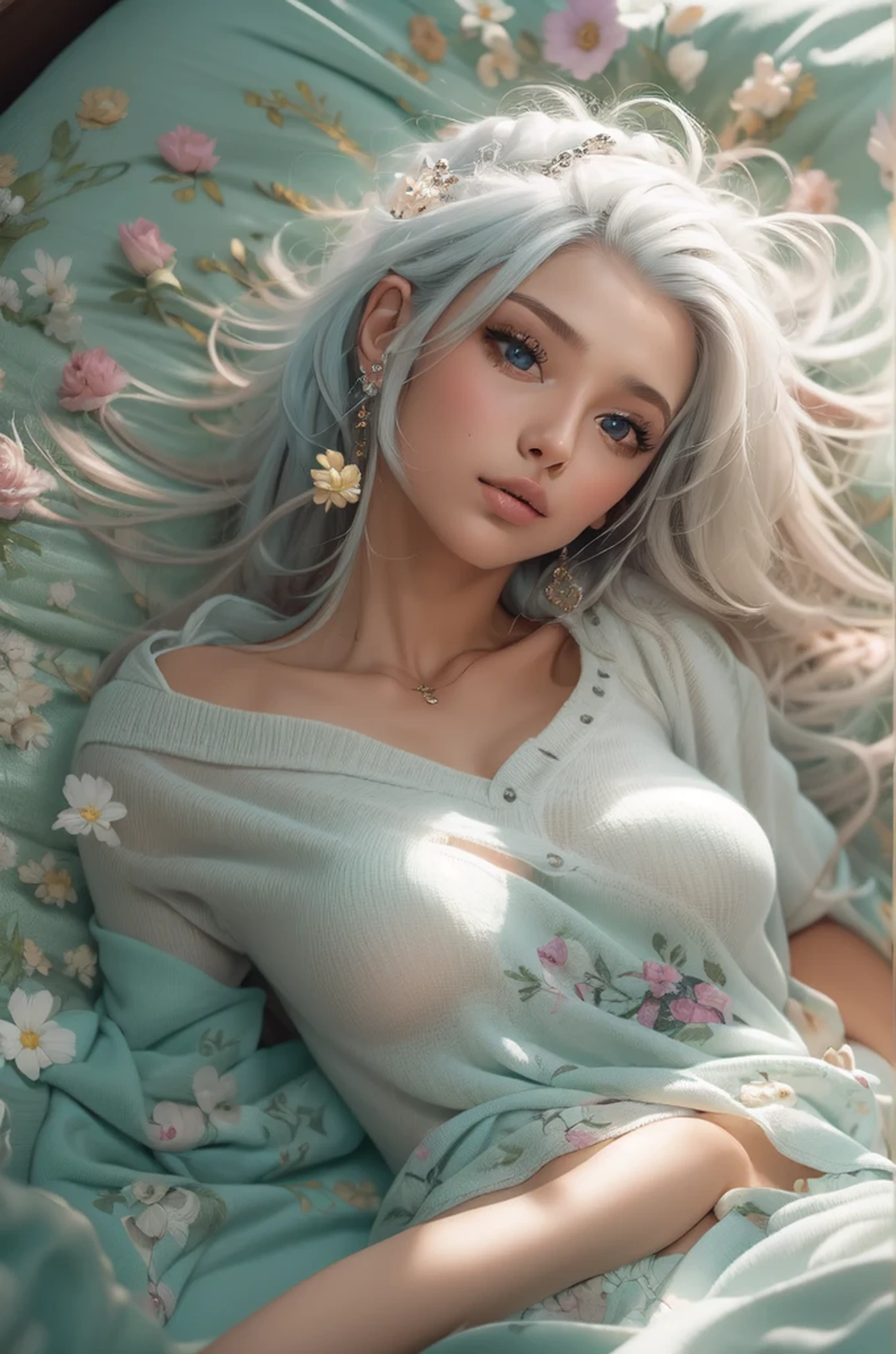 obra de arte, Melhor qualidade,(colorida), (olhos e rosto delicados), volumetric light, rastreamento de raio, papel de parede extremamente detalhado da unidade CG 8k, realista, 1 garota, nudez, messy white hair, olhos roxos, olhos brilhantes, parted lips, corar, corpo em forma, noite, flores, sol, sollight, olhando para o espectador, abdomen, seios pequenos, muitas tatuagens, De baixo, umbigo, low camera angle, anatomia perfeita, cuddling in bed, pernas bem abertas, arms raised, deitado na cama, abaixo do peito, (aura sedutora:1.2)