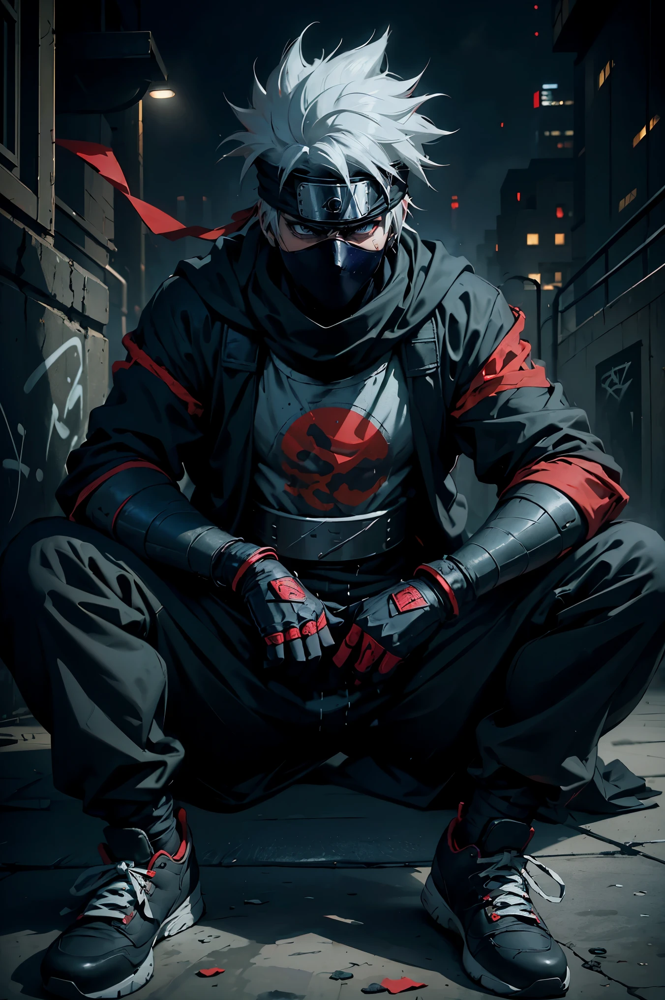 (best quality,4k,highres),Kakashi sitting on the ground with a street style, leaning against a wall, red Jordans, red ninja gloves, white hair, ninja headband, mask covering his mouth, graffiti background, vibrant colors, urban art style, edgy lighting,((ninja fantasmal))