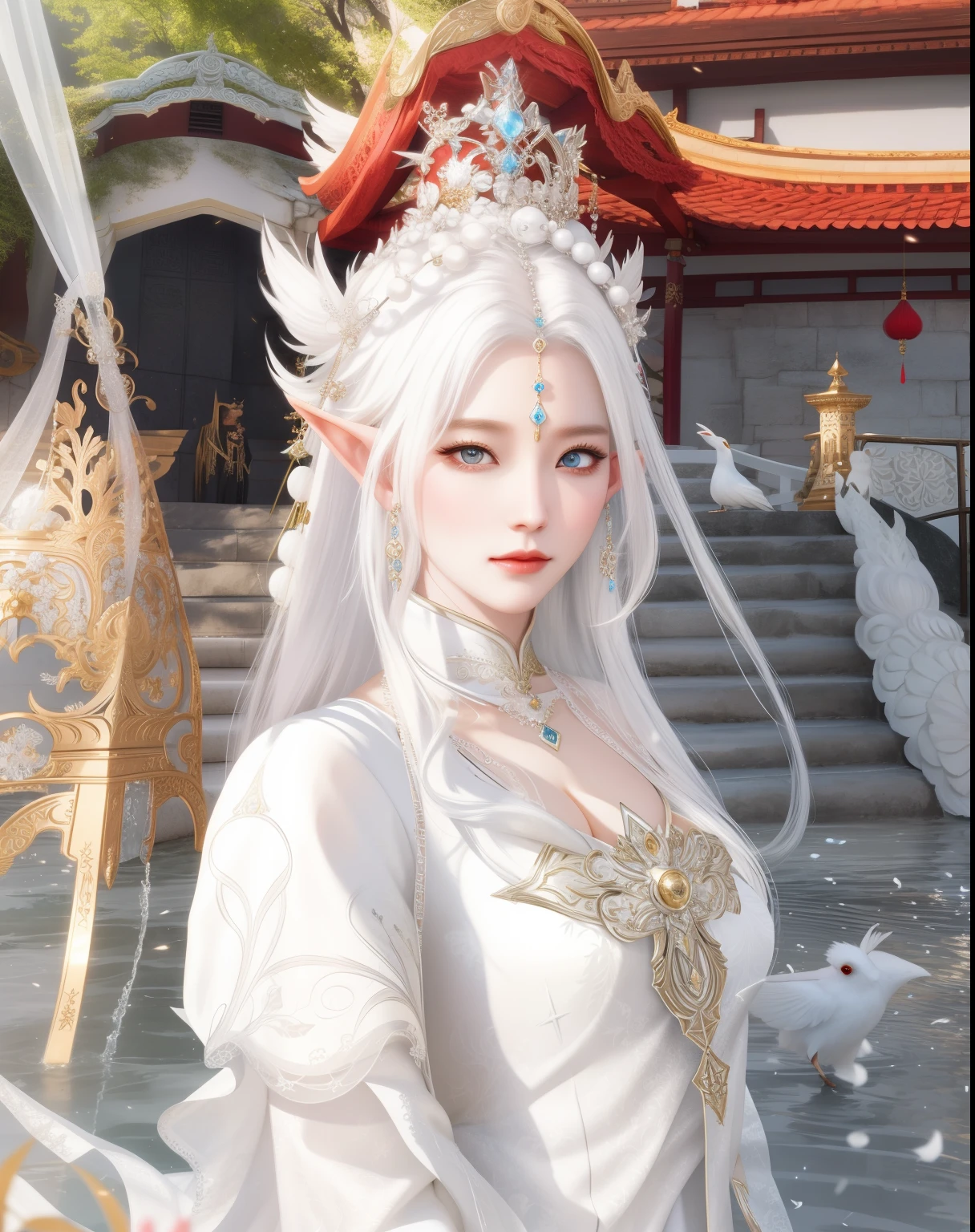 there is a woman in a white dress holding a bird, a beautiful fantasy empress, loong, lineage 2 revolution style, ((a beautiful fantasy empress)), white haired deity, beautiful and elegant elf queen, heise jinyao, alluring elf princess knight, white horns queen demon, queen of the sea mu yanling, pale milky white porcelain skin