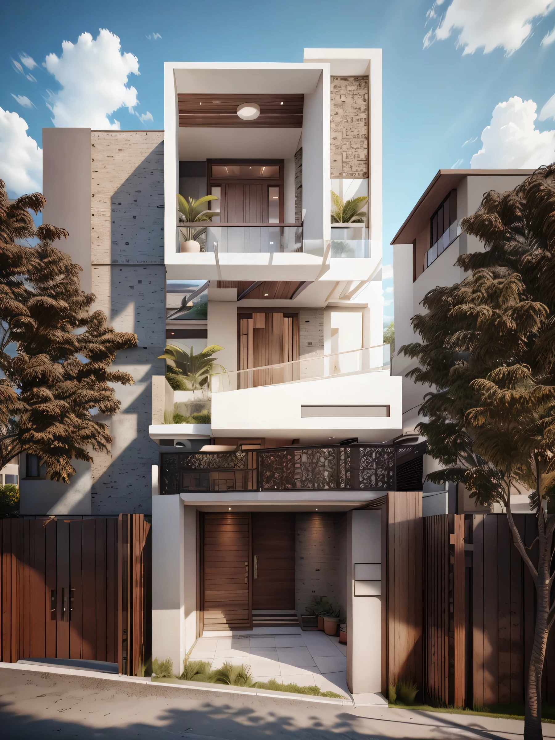 rendu d'a modern residential townhouse, Rendu professionnel, outdoor wide angle 2023, very Detailed rendering, high quality rendering, realistic rendering, rendu architectural, high quality rendering, Detailed rendering, hyper-realistic rendering, hyper - realistic rendering, rendu 3D très réaliste, hautement rendu, realistic renderinging, very realistic rendering