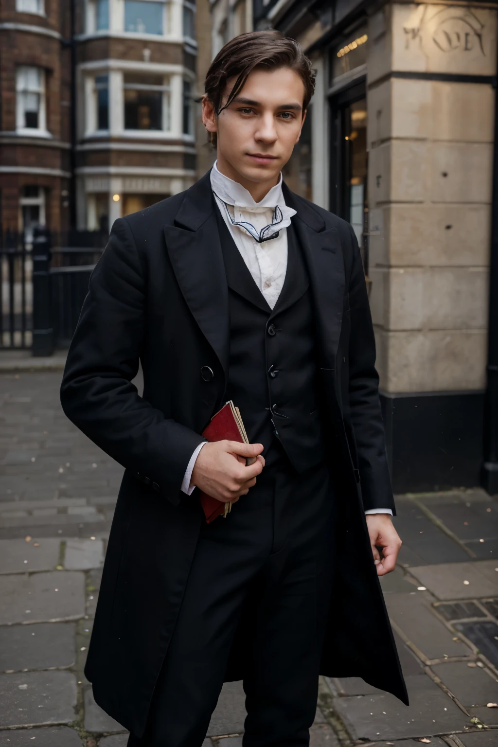 generate an image of a young man in Victorian attire , with an aura of resilience and a hint of mischief in his eyes. He stands on a cobbled London street with a Victorian background , a book clutched in his one hand, and the city's hustle and bustle fading behind him.
Waiting to start