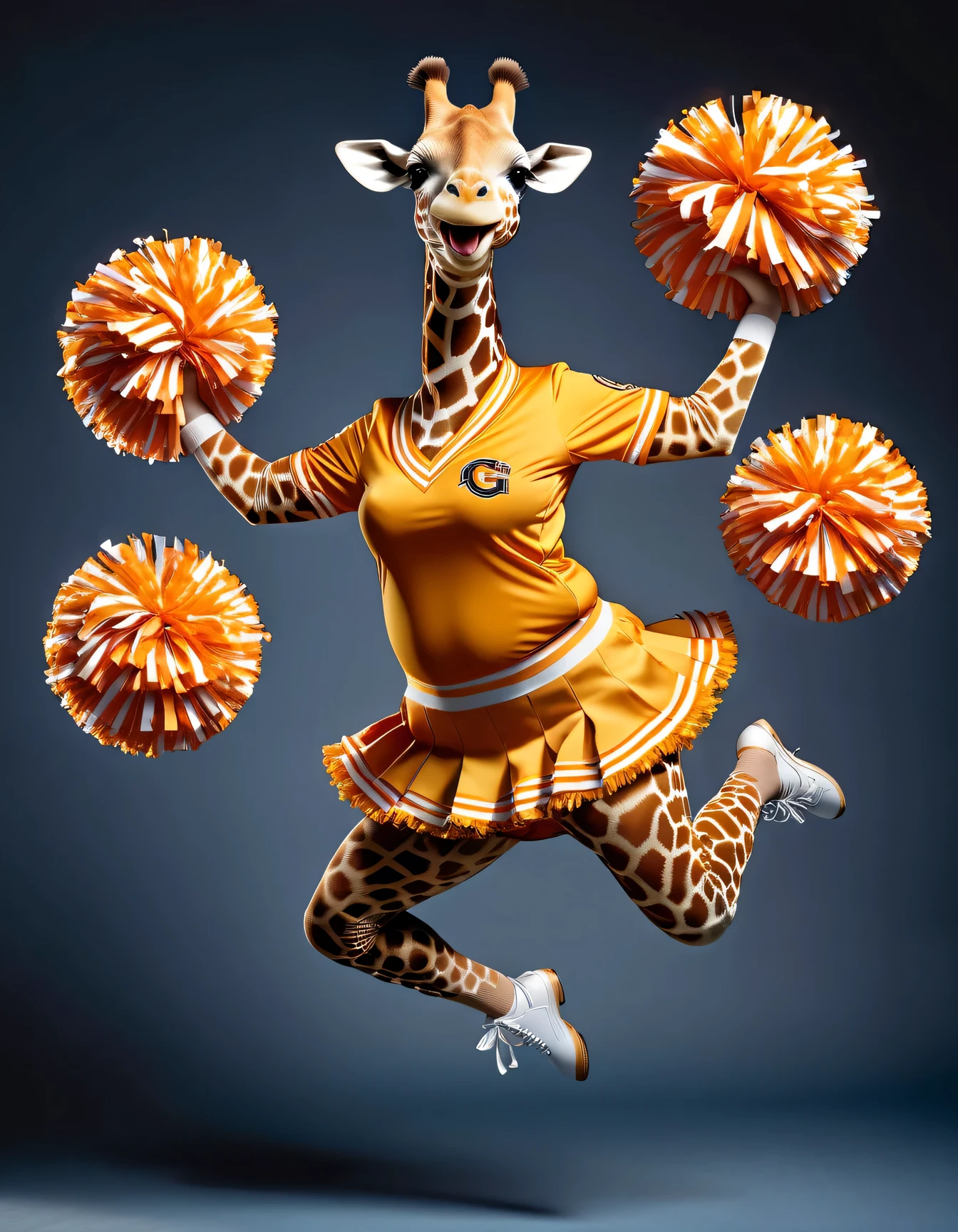 photorealistic portrait of Dressed animals - a ((fat)) giraffe cheerleader,(cheer dancing:2.0),(jumping:2.0),(big smile),(), high quality,(lovely) ,intricate details, highly detailed ((cheer costume)) ,highly detailed cheer clothes, holding pom-pom in hands,(passion) , highly detailed , (happy), studio lighting,(full body image:1.5)