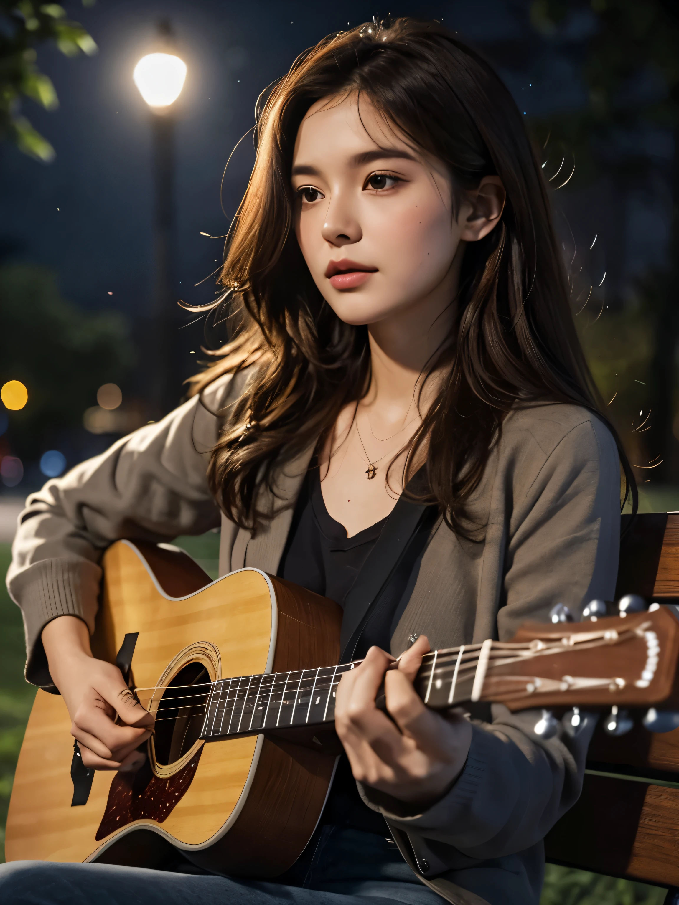 Upper body close-up image. A beautiful woman. Dark brown hair. She is sitting on a park bench on a moonlit night, holding a guitar and singing a song.