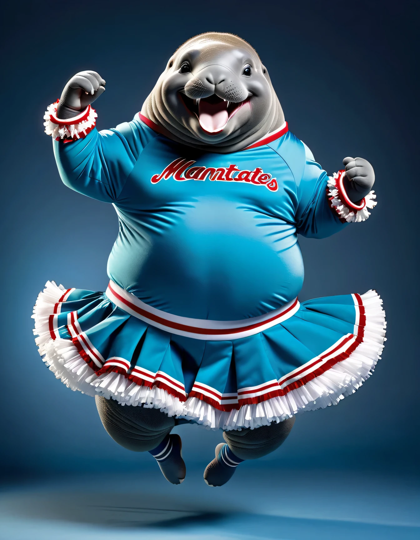 photorealistic portrait of Dressed animals - a ((fat)) manatee cheerleader,(cheer dancing:2.0),(jumping:2.0),(big smile),(), high quality,(lovely) ,intricate details, highly detailed ((cheer costume)) ,highly detailed cheer clothes, holding pom-pom in hands,(passion) , highly detailed , (happy), studio lighting,(full body image:1.5)
