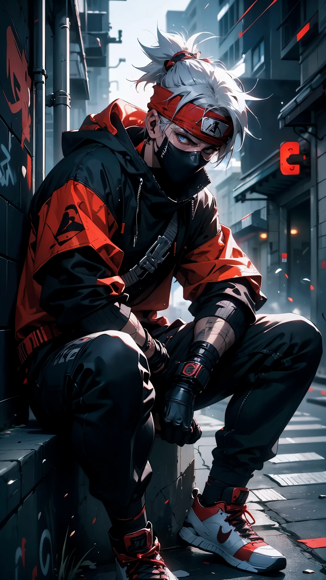 (best quality,4k,highres),Kakashi sitting on the ground with a street style, leaning against a wall, red Jordans, red ninja gloves, white hair, ninja headband, mask covering his mouth, graffiti background, vibrant colors, urban art style, edgy lighting