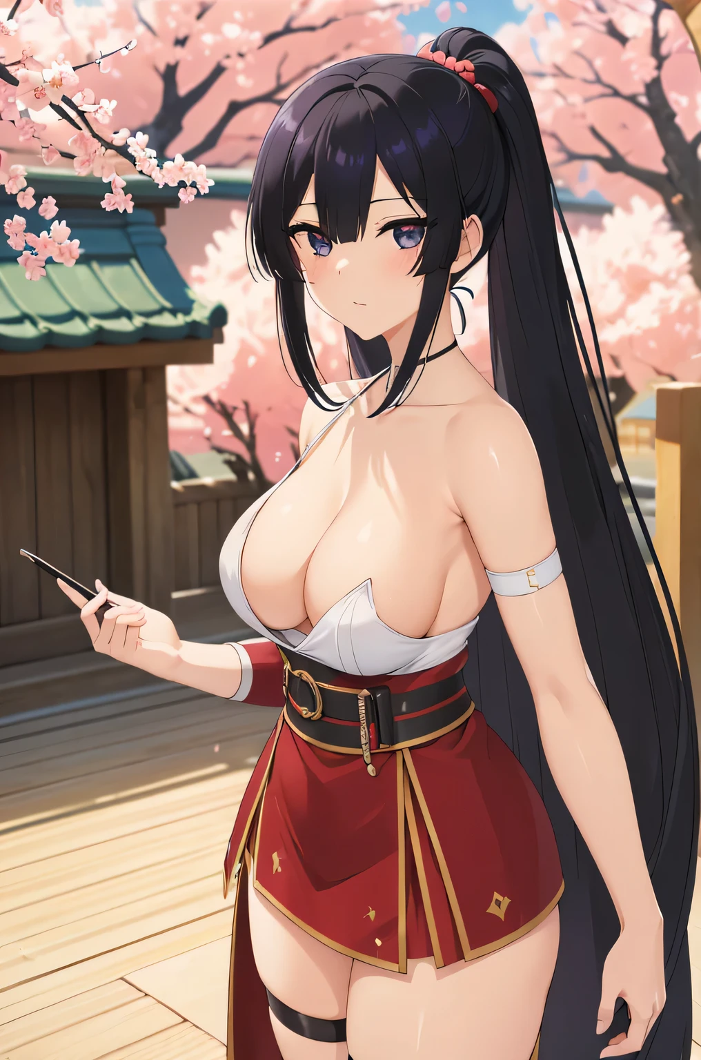 black hair,black eyes,(masterpiece, best quality, ultra detailed, absurdres:1.5), 1girl, (sexy, beautiful woman, perfect face, perfect eyes, perfect female body, large breasts:1.5), (Nariko_DG, very long hair, ponytail, gloves, Belt, armlet, jewelry, tube top, leg warmers, pelvic curtain, skirt, holding sword, ), (standing, outdoors, Japanese dojo in background, cherry blossoms), perfect lighting, smooth, hdr
