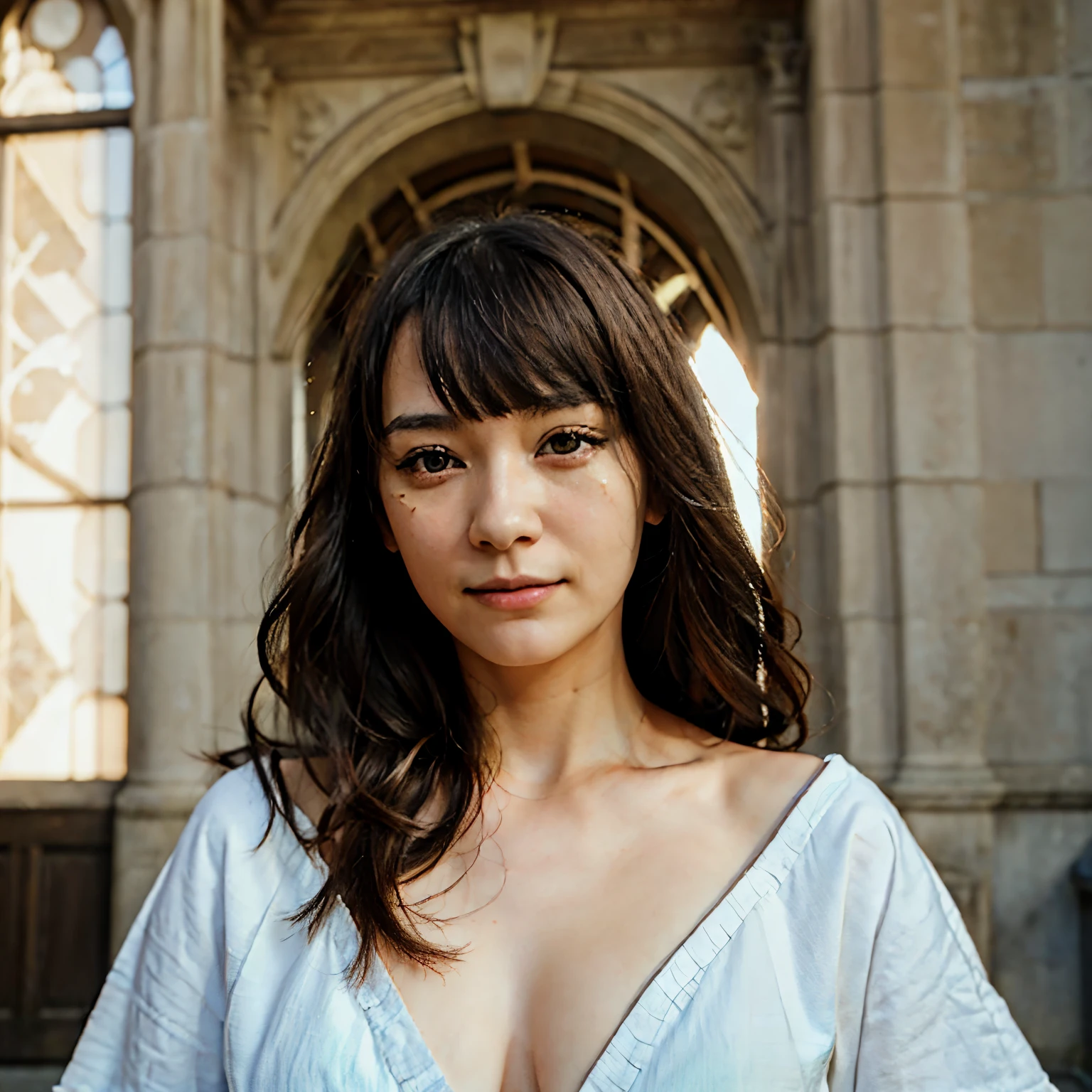 (Half body:1) of a young girl, smart and aloof , japan , detailed face, ((soft smile facial expression)), (straight long thin fringe hair:1.2), ultra detailed photograph, (photorealistic), (intricate details:1),(masterpiece :1), (best quality:1), ultra high res, (detailed eyes), (detailed facial features), HDR, 8k resolution, (lens flare:0.5), light from far behind, (smile, joy)