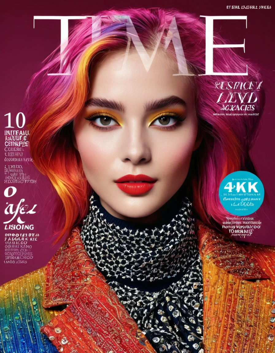 Magazine Cover, aesthetic, time magazine, (a girl with) vibrant colorful hair, striking pose, stylish clothes, confident smile, dynamic background, (high fashion),(realistic),(studio lighting), (best quality,4k,highres), (portrait), (best quality,4k,8k,highres,masterpiece:1.2),ultra-detailed,(realistic,photorealistic,photo-realistic:1.37), glossy finish, vibrant colors, captivating design, professional models, iconic logo, striking typography, dynamic layout, eye-catching headlines, fashion-forward, cutting-edge style, innovative concepts, influential personalities, trendsetting fashion, in-depth articles, thought-provoking content, modern lifestyle, cultural impact, timeless appeal, stylish accessories, glamorous photo shoots, international appeal, diverse perspectives, high-fashion editorials, exclusive interviews, top-notch journalism, exquisite craftsmanship, visual storytelling, captivating cover story, captivating imagery, iconic fashion brands, avant-garde makeup, luxurious fabrics, elegant patterns, high-quality printing, sophisticated layout, trend forecasting, inspiring visuals, stunning art direction, must-read issue.