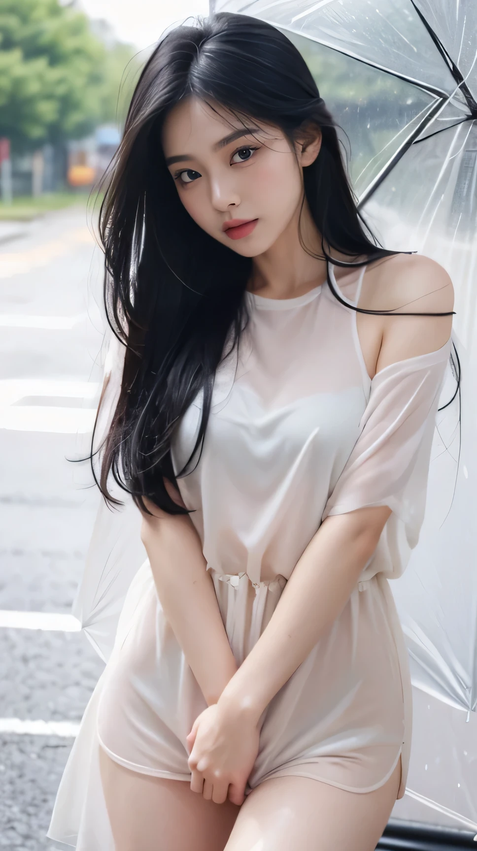 1 girl, long black hair,female , shy, Blush, wet, rain, transparent, (Masterpiece, best quality), soft light, movie elements, movie light