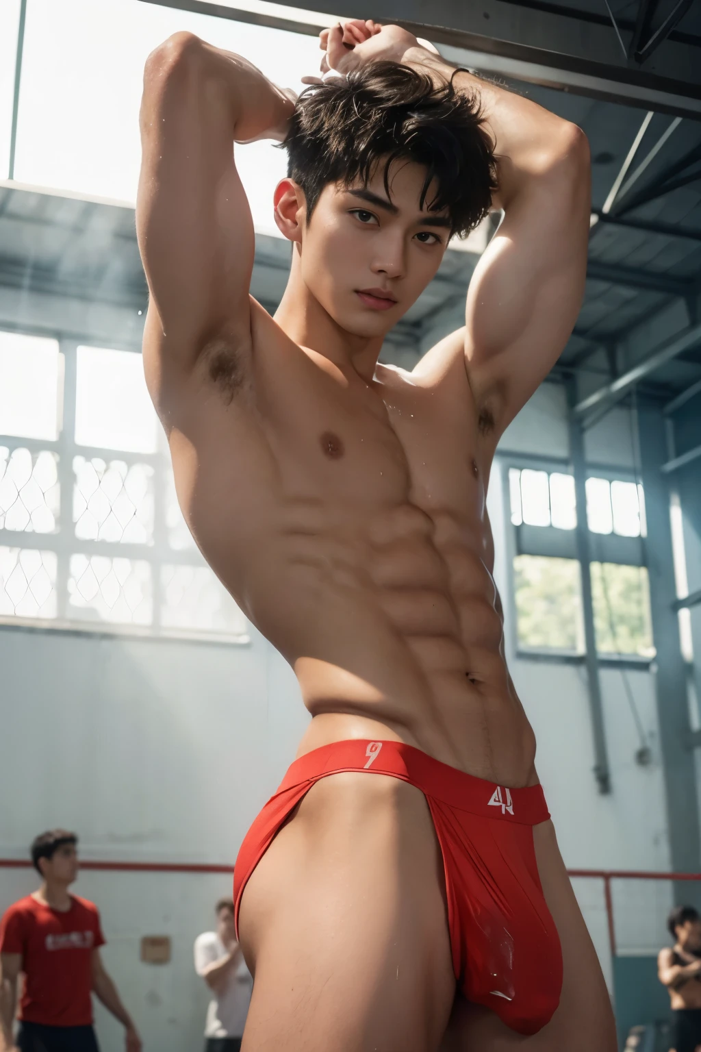 CLOSED UP DETAILED, Very wet body, very wet, basketball court court, wearing socks, naked just wearing red soaked thong, Showing off his very hairy armpits, Slim fit body, ager body, Shota, very cute boy face, 15 y, baby face, young kids, Very young teenager boy, Amg basketball court scenery, in the middle of Crowded basketball court court, he only wear Tiny see through red thong, crowded people, very hot sunny day, summer, dirty and wet court, he wore a very small transparent see through thong covering half of his big hard dick, dickprint, Sweat dripping all over the body, sweat covering all over the body, Full body photo, wearing Very tiny thong, Proudly showing off his sweaty very hairy armpits to audience in music concert area, completely naked just wearing thin Tiny white thong, very young boy, Cinematic soft lighting illuminates a stunningly detailed and ultra-realistic handsome korean male supermodel, ultra messy curly hair, clear honey eyes, captivating perfect smile, sensual, hot man, insanely handsome, showing off his sweaty body, very sixpack muscular body build, slender, toned, full body, 8k, photography, masterpiece, detailed face, detailed eyes, sexy, beautiful abdomen and beautiful legs and a detailed big hard bulge, expression of ecstasy, excited, slim, detailed eyes and lips, sixpack and fit body. Image quality is of the highest standard, with ultra-detailed features and a realistic appearance. The colors are bright and vibrant, enhancing the overall aesthetic. The lighting is soft and natural, casting a soft glow on the boy, don't merge body's