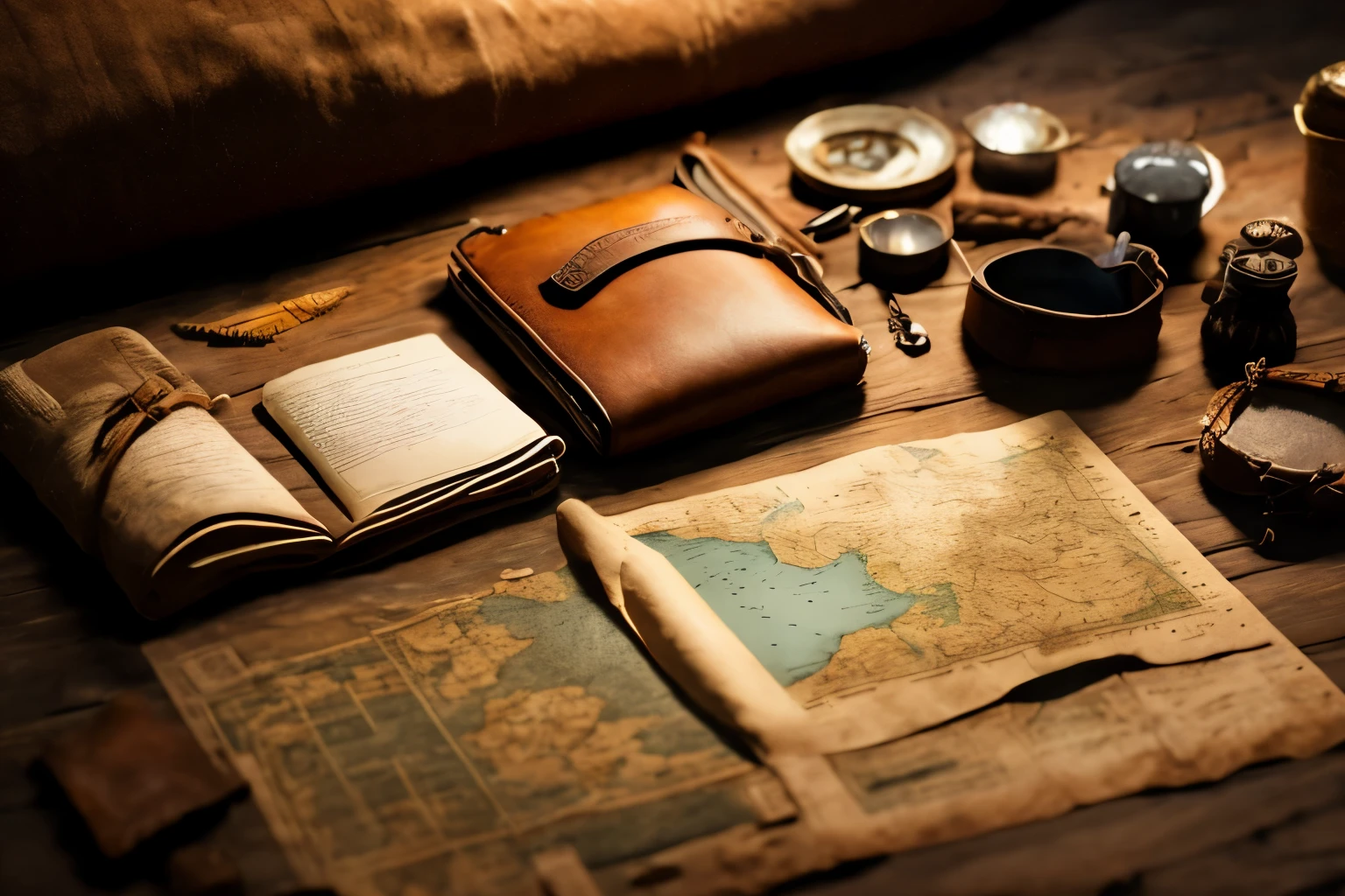 Style: Semi-realistic

Setting: Top-down view inside a dimly lit sandy tent.

Lighting: The only light source is an old oil lamp casting a warm, concentrated glow on the center of the scene. The rest of the tent fades into darkness at the edges.

Centerpiece:

A worn wooden table with visible scratches and nicks.
A large, unfolded map dominates the table surface, covered in faded ink markings and creases.
A brass compass with a well-worn leather case rests open beside the map.
A brown leather-bound notepad with a worn leather strap lies open, showcasing a few handwritten notes.
Additional Details:

A pair of binoculars or a telescopic monocular made of brass and leather sits beside the notepad.
A single, torn, empty note lies prominently on top of everything else. (This is where you can add your message or graphics later in editing software)
Scattered around the table are a few other explorer essentials: a worn pencil, a small magnifying glass, and perhaps a pocket knife.
The sandy floor of the tent is visible beneath the table, with a hint of a rolled-up sleeping bag or other travel gear partially peeking out from the darkness.
Time Period: Early 1900s

Overall Tone:

The scene should evoke a sense of adventure, exploration, and discovery.
The worn and weathered objects hint at a long journey and a seasoned explorer.
Optional Additions:

You can add a rolled-up canvas bag or a hat hanging on a tent pole in the background for a touch of narrative.
If you have a specific location in mind for the explorer's travels, you could incorporate a subtle hint of that in the map or through other small details.
