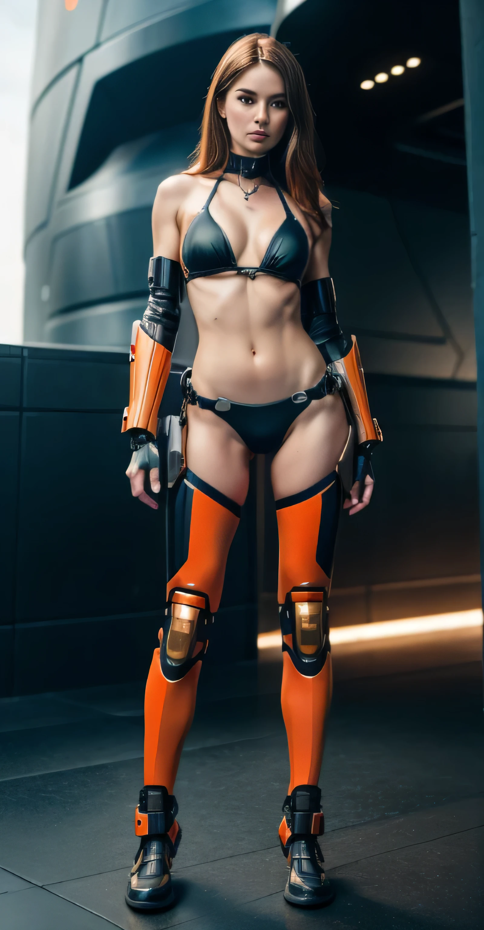 ((masterpiece, 8K, 3D, Realistic, Super Detail)), (1girl:1.3), slender 17 age, Ultra Micro photography, Super realistic, Perfect face, Beautiful features, ((Perfect female body)) Beautiful features, ( body), ((small hip)), Karen Gillan as (((2 piece Bikini))), Sci-fi futuristic cyberpunk ((bionic orange chest metal armor suit)), Futuristic soldier, ((Exposed thigh)), Exposed Skin, Front Full body Shot, full body portrait, futuristic city background
