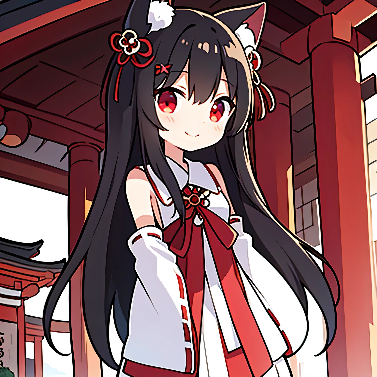 black long straight hair，Red and white miko costume，Half body，Smile，Red eyes，shrine，