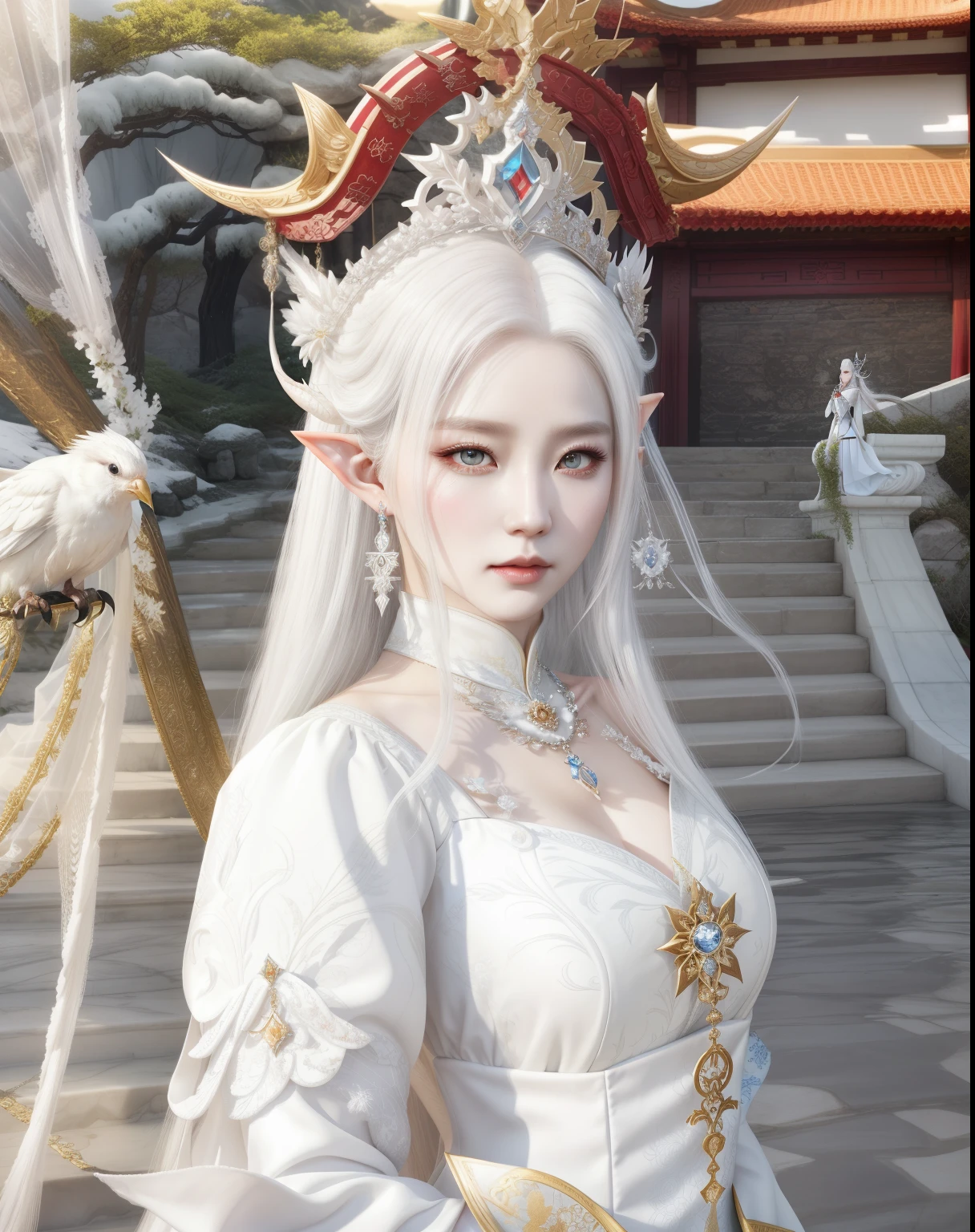 there is a woman in a white dress holding a bird, a beautiful fantasy empress, loong, lineage 2 revolution style, ((a beautiful fantasy empress)), white haired deity, beautiful and elegant elf queen, heise jinyao, alluring elf princess knight, white horns queen demon, queen of the sea mu yanling, pale milky white porcelain skin
