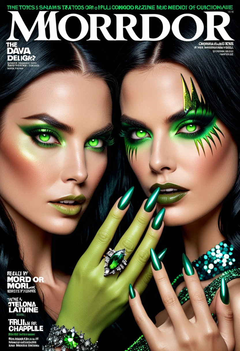 The design of the cover of the "Mordor" magazine, cinematic frame, the text of the title "Mordor" the text of the subtitle "our new world," Digital art in the style of David LaChapelle's. The cover of the magazine "Mordor". Two stylish orc girls. Green nails are claws. Evening Makeup with sequins. Luminous fluorescent tattoos. Night. Background of the "Eye of Sauron". 32k. Hyperdetalization., sharp focus, studio photo, ultra hd, realistic, vivid colors, highly detailed, the text of the article "really TV zombie?! , "the Text of the article" our flora on our head, "the Text" no. 5, "Text" 03/19/2024, "full imitation of magazine cover, magazine issue, date magazine issue, Circulation, clear Text, focus on headlines, focus on the center of the picture, a very detailed, high-budget Hollywood movie, gorgeous, graininess. Glossy magazine