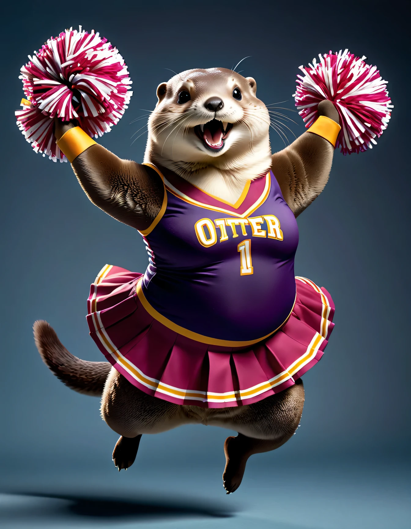 photorealistic portrait of Dressed animals - a ((fat)) otter cheerleader,(cheer dancing:2.0),(jumping:2.0),(big smile),(), high quality,(lovely) ,intricate details, highly detailed ((cheer costume)) ,highly detailed cheer clothes, holding pom-pom in hands,(passion) , highly detailed , (happy), studio lighting,(full body image:1.5)