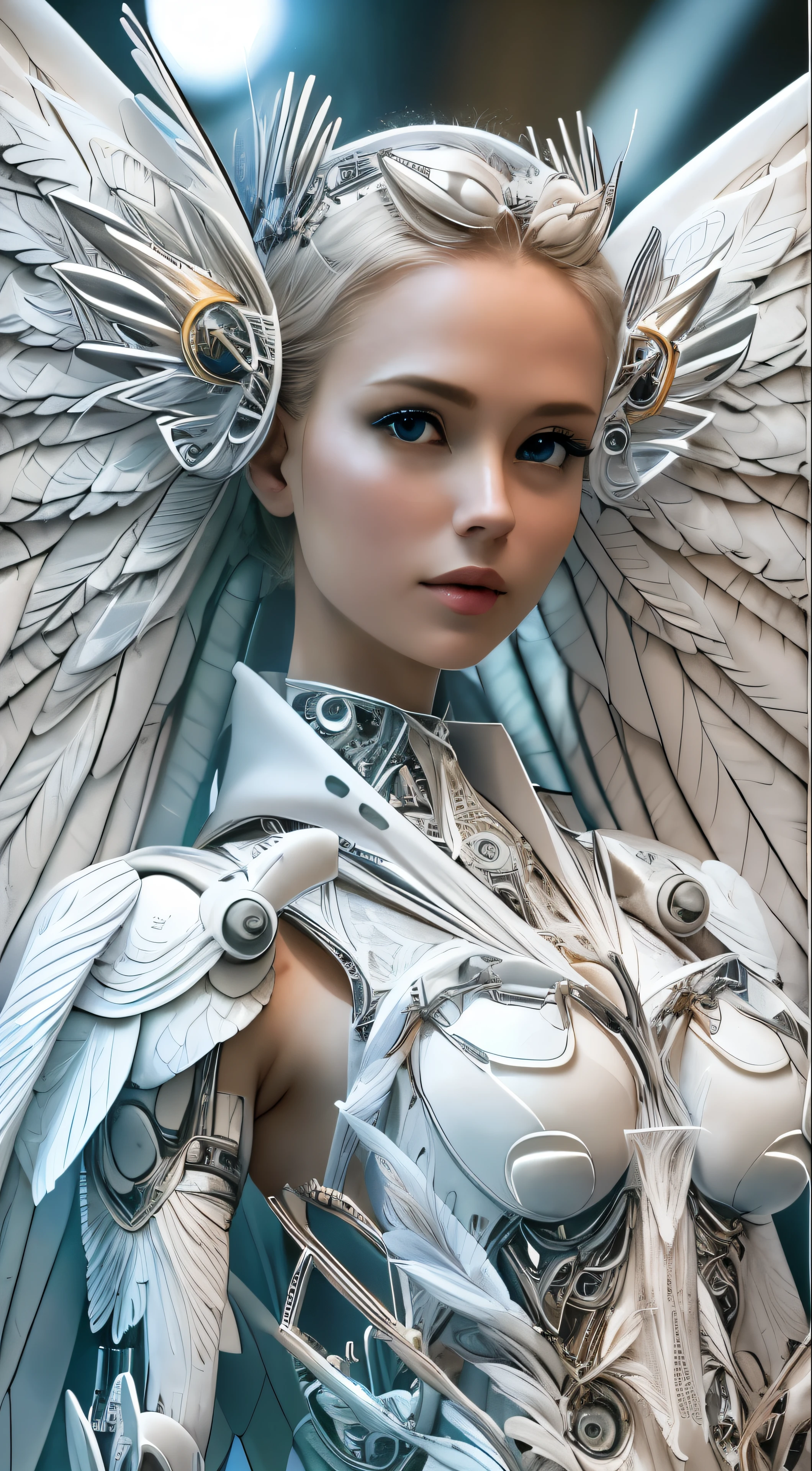 Close-up of a woman in a white dress with wings, full body angel, futuristic robot angel, amazing angel wings, angel knight gothic girl, angel in plastic armor, intricate costume designs, As a mysterious Valkyrie, The whole body is made of white feathers,, futuristic and fantastic, white wings, beautiful angel wings, steampunk angel, beautiful cyborg angel girl, graceful wings