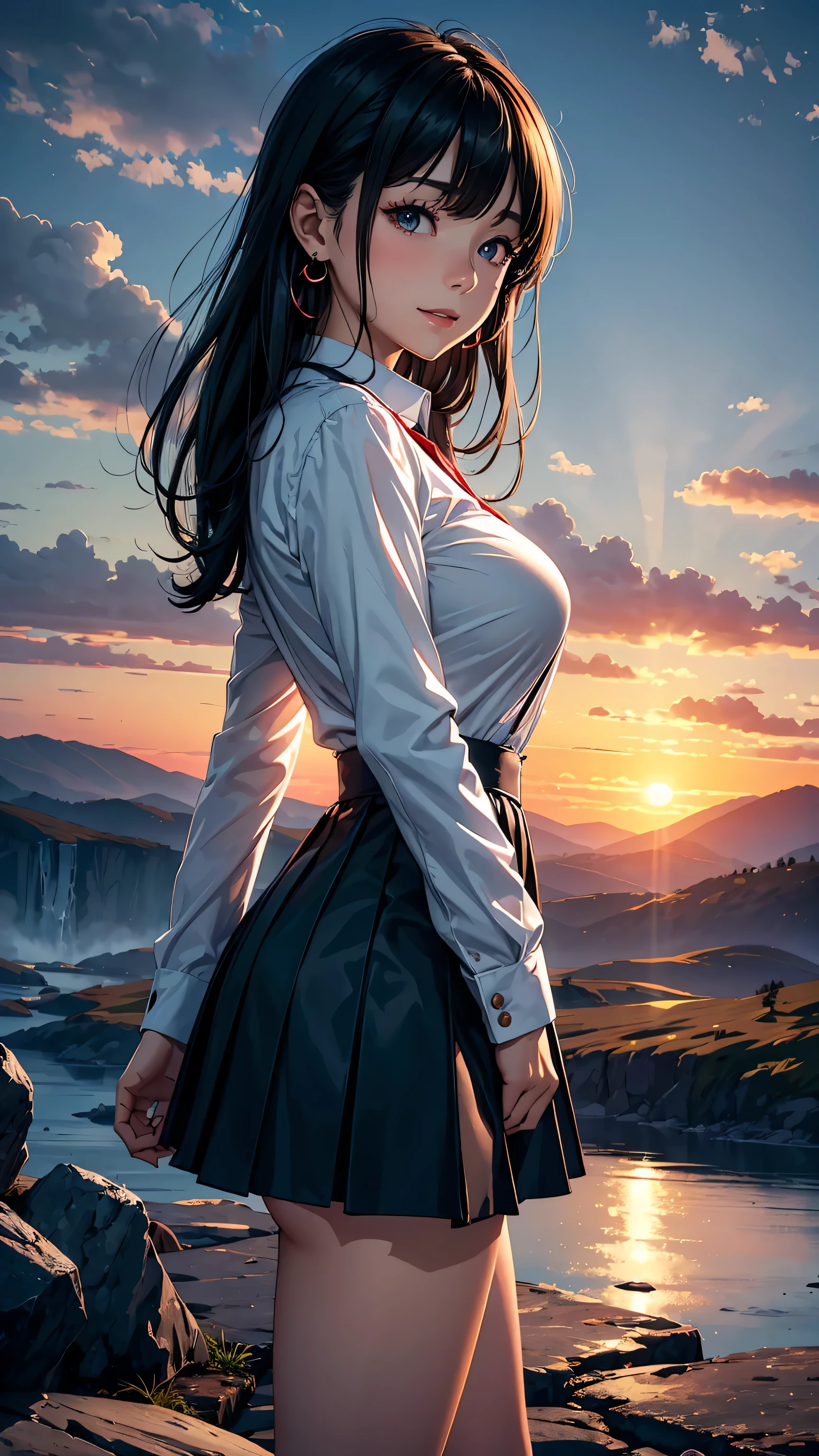 20 year old woman、(masterpiece:1.4)、(highest quality:1.4)、ultra high resolution、anime style、black long hair、Round earrings、White long-sleeved collared shirt、Dark blue long skirt、(huge breasts:1.2)、red face、smile、whole body、sunrise、mountaintop、deep shadow lighting、cloud、bird